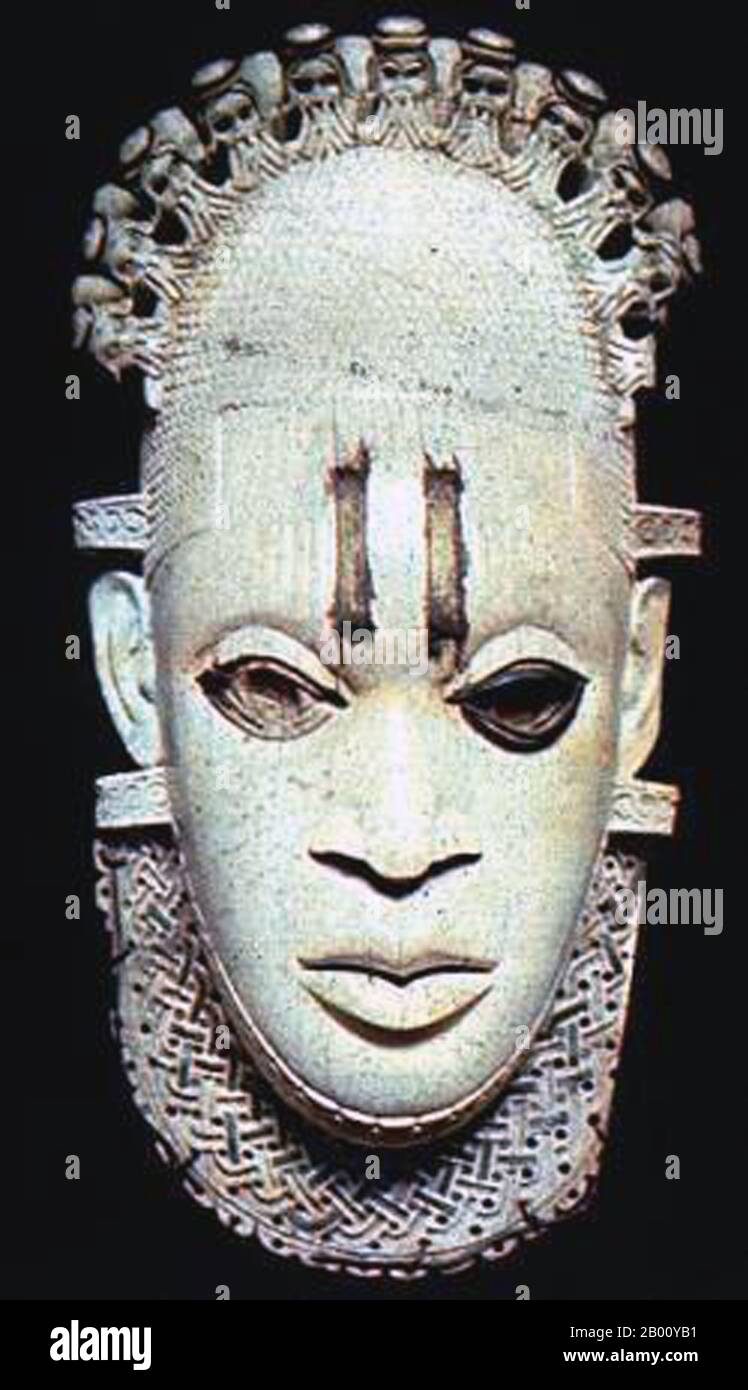Nigeria: An ivory pendant mask depicting the iyoba (queen mother) Idia (16th century), Benin Empire, 16th century.  Idia was the mother of Esigie (r. 1504-1550), the Oba (king) of the Benin Empire. She played a critical part in the rise and reign of her son, being described as a great warrior who fought tirelessly before and during her son's rule.  The Kingdom of Benin, also called the Edo Kingdom and the Benin Empire, was a kingdom in West Africa in what is now southern Nigeria; it is not to be confused with the modern nation of Benin. The Kingdom of Benin's capital was Edo. Stock Photo