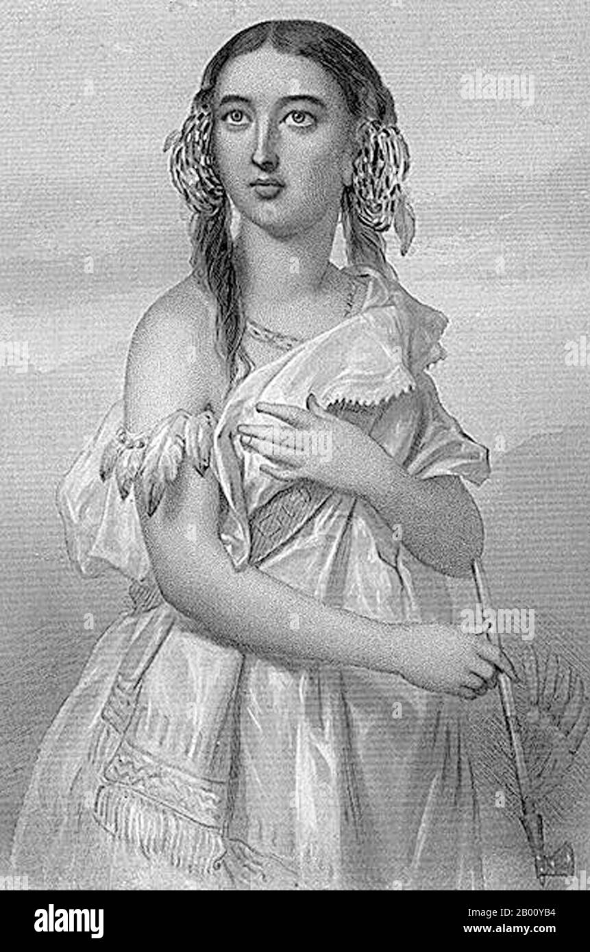 USA: Pocahontas (c. 1595-1617), daughter of Wahunsunacawh, Chief of the Powhatan Tribe, Virginia. Engraving by B. Eyles from 'World Noted Women', by Mary Cowden Clarke (1809-1898), 1883.  Pocahontas (c. 1595 – March 21, 1617), later known as Rebecca Rolfe, was a Virginia Indian chief's daughter notable for having assisted colonial settlers at Jamestown. She converted to Christianity and married the English settler John Rolfe. After they traveled to London, she became famous in the last year of her life. She was a daughter of Wahunsunacawh, better known as Chief or Emperor Powhatan. Stock Photo