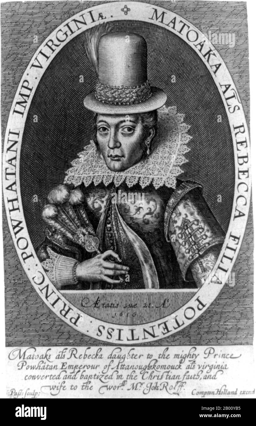 USA: Pocahontas (c. 1595-1617), daughter of Wahunsunacawh, Chief of the Powhatan Tribe, Virginia. Copper engraving by Simon van de Passe (1595-1647), 1616.  Pocahontas (c. 1595 – March 21, 1617), later known as Rebecca Rolfe, was a Virginia Indian chief's daughter notable for having assisted colonial settlers at Jamestown. She converted to Christianity and married the English settler John Rolfe. After they traveled to London, she became famous in the last year of her life. She was a daughter of Wahunsunacawh, better known as Chief or Emperor Powhatan (to indicate his primacy). Stock Photo