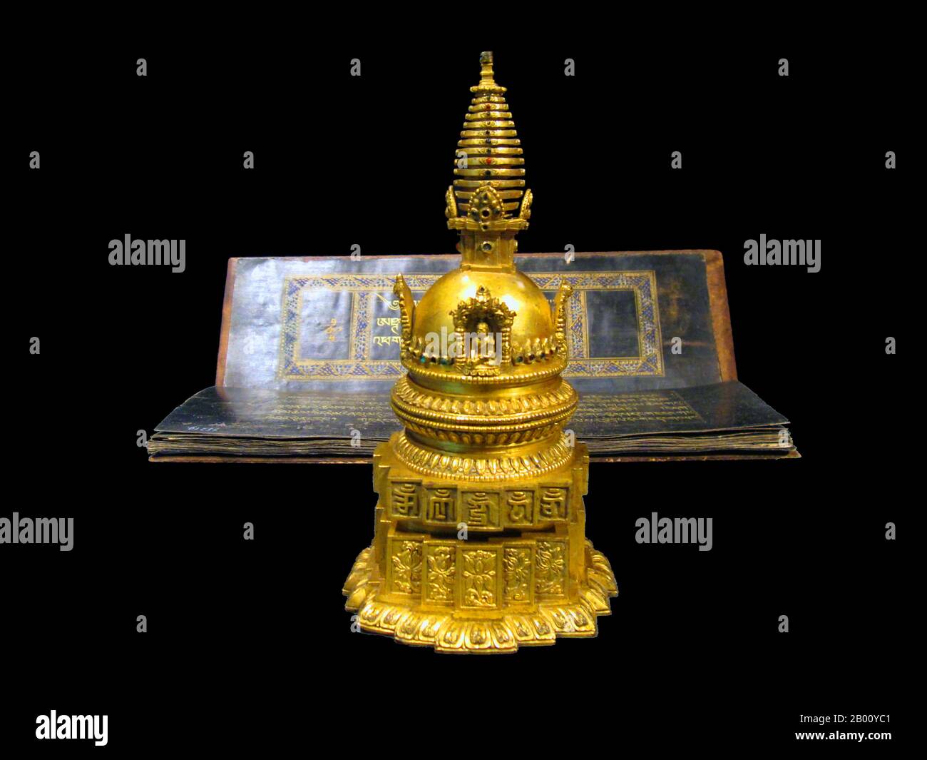 Mongolia: Gilded stupa and a prajnaparamita, Mongolian school, 18th century CE. Photo by Gryffindor (CC BY-SA 3.0 License).  Gilded stupa and a prajnaparamita ('Heart of Perfect Wisdom') text from the 18th century CE. Stock Photo