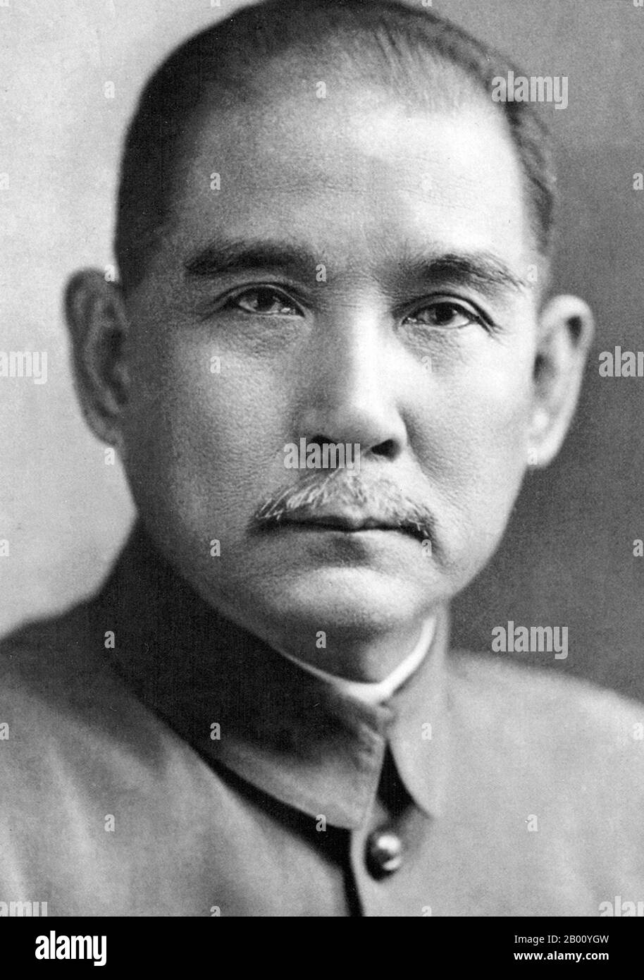 China: Dr Sun Yat-sen (1866-1925), Founder of the Chinese Republic, c. 1911.  Sun Yat-sen (12 November 1866 – 12 March 1925) was a Chinese revolutionary and political leader. As the foremost pioneer of Nationalist China, Sun is frequently referred to as the Founding Father of Republican China.  Sun played an instrumental role in inspiring the overthrow of the Qing Dynasty, the last imperial dynasty of China. Sun was the first provisional president when the Republic of China (ROC) was founded in 1912 and later co-founded the Chinese National People's Party or Kuomintang (KMT). Stock Photo