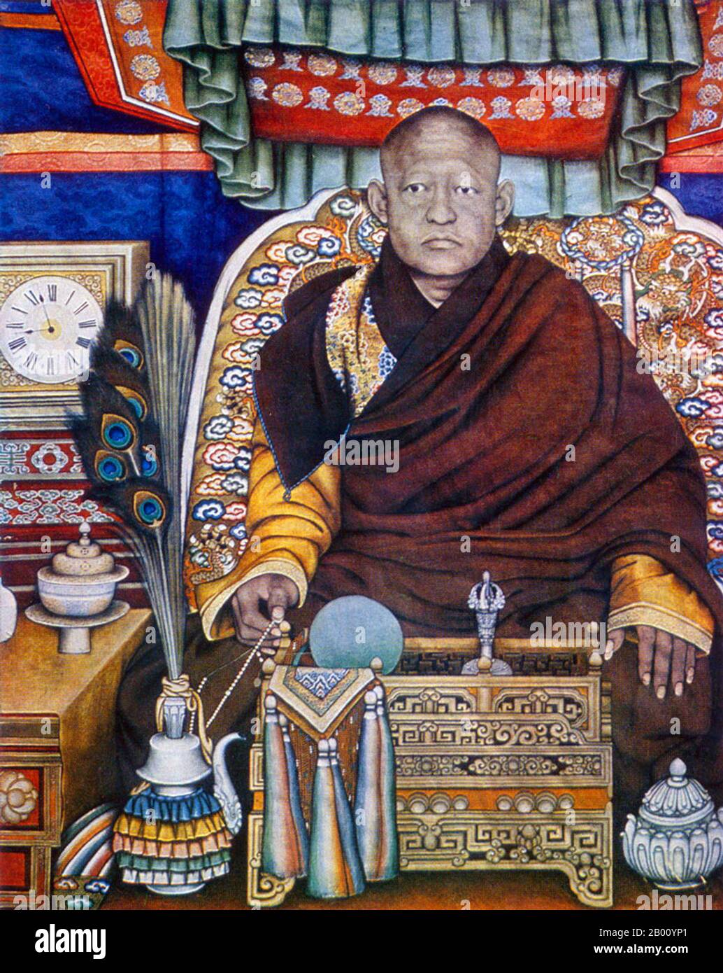 Mongolia: The Eighth Jebtsundamba Khutugtu Bogd Khan, last monarchic ruler of Mongolia. Painting by Marzan Sharav (1869-1939), 1924.  The Bogd Khan (c. 1869 - 20 May 1924) was simultaneously the religious and secular head of the Mongolian state until the 1920s. Ikh Huree, as Ulan Bator was then known, was the seat of the preeminent living Buddha of Mongolia (the Jebtsundamba Khutuktu, also known as the Bogdo Gegen and later as Bogd Khan), who ranked third in the Lamaist-Buddhist ecclesiastical hierarchy, after the Dalai Lama and the Panchen Lama. Stock Photo