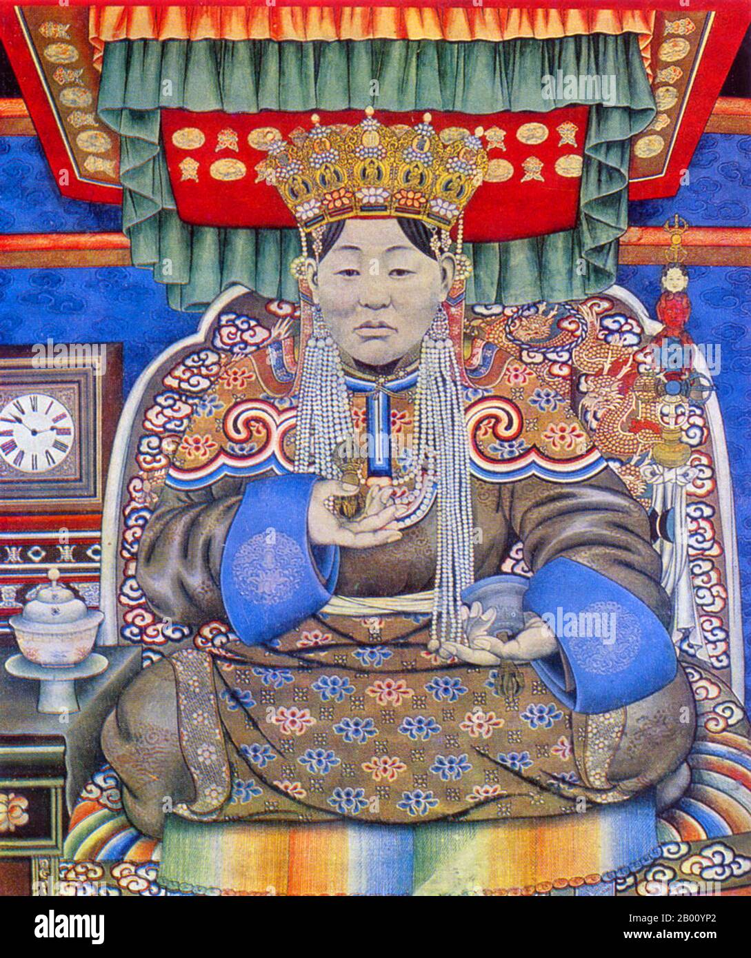 Mongolia: Tsendiin Dondogdulam (1876-1923), wife of the Eighth Jebtsundamba Khutugtu Bogd Khan, last monarchic ruler of Mongolia. Painting by Marzan Sharav (1869-1939), 1924.  The Bogd Khan (c. 1869-1924) was simultaneously the religious and secular head of the Mongolian state until the 1920s. Ikh Huree, as Ulan Bator was then known, was the seat of the preeminent living Buddha of Mongolia (the Jebtsundamba Khutuktu, also known as the Bogdo Gegen and later as Bogd Khan), who ranked third in the Lamaist-Buddhist ecclesiastical hierarchy, after the Dalai Lama and the Panchen Lama. Stock Photo