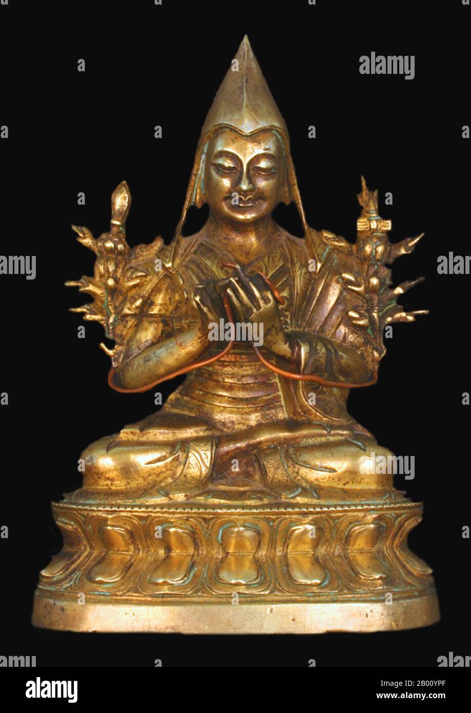 Mongolia: Bronze image of Tsongkhapa, known and revered by Mongolian Buddhists as Bogd Zonkhov. Tibetan Museum Society (CC BY-SA 2.5 License).  Tsongkhapa (1357–1419) was a famous teacher of Tibetan Buddhism whose activities led to the formation of the Gelug school. He is also known by his ordained name Lobsang Drakpa (blo bzang grags pa) or simply as Je Rinpoche (rje rin po che). Tsongkhapa heard Buddha’s teachings from masters of all Tibetan Buddhist traditions, and received lineages transmitted in the major schools. His main source of inspiration was the Kadampa tradition. Stock Photo