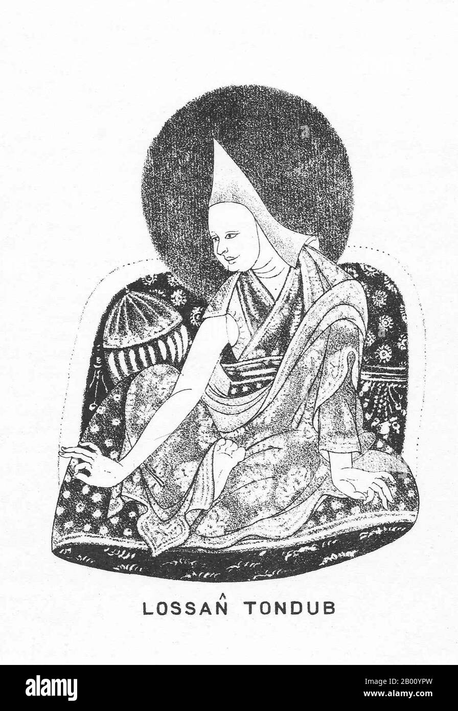 China/Tibet: Ensapa Lobsang Döndrup, 3rd Panchen Lama (1505–1568). Illustration by Sarat Chandra Das (1849-1917), 1882.  The Panchen Lama is the highest ranking Lama after the Dalai Lama in the Gelugpa (Dge-lugs-pa) sect of Tibetan Buddhism (the sect which controlled western Tibet from the 16th century until the imposition of Chinese sovereignty in 1951). The successive Panchen lamas form a tulku reincarnation lineage which are said to be the incarnations of Amitabha Buddha. Stock Photo