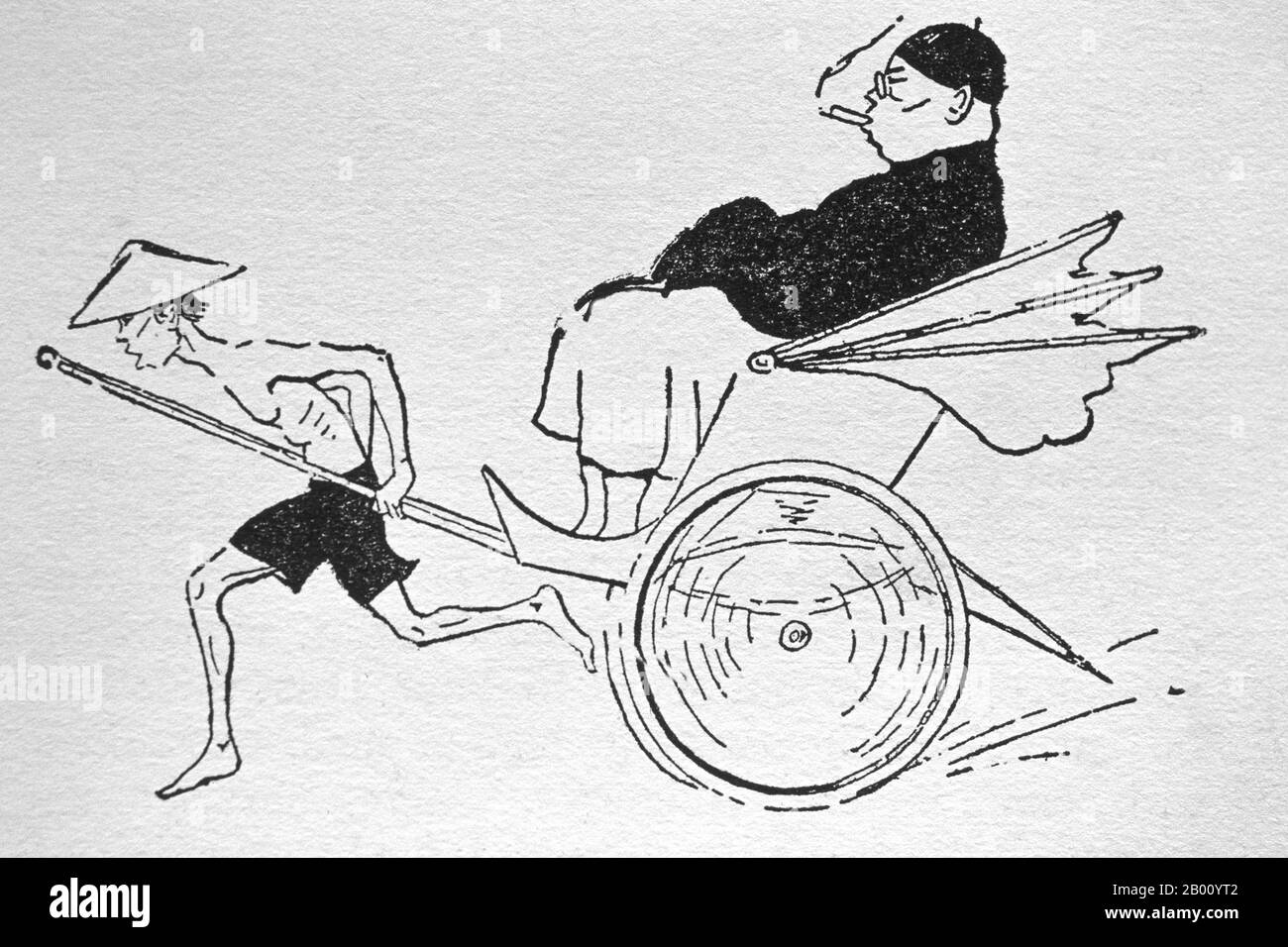 Vietnam: Drawing of a Hoa (Overseas Chinese) man being pulled in a rickshaw by a Viet coolie, Saigon, 1928.   Rickshaws (or rickshas) are a mode of human-powered transport: a runner draws a two-wheeled cart which seats one or two persons. Rickshaws are commonly made with bamboo. The word rickshaw came from Asia, where they were mainly used as means of transportation for the social elite. In recent times the use of rickshaws has been discouraged or outlawed in many countries due to concern for the welfare of rickshaw workers. Stock Photo