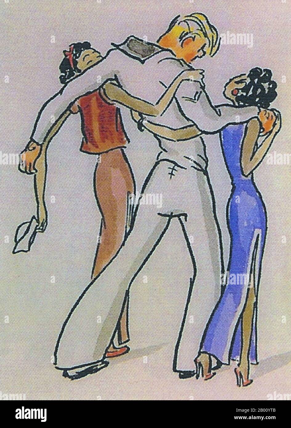 China: Two singsong girls in fashionable cheongsam dresses escort a drunken US sailor on liberty in 1930s Shanghai. Cartoon by Friedrich Schiff (1908-1968), 1930s.  Coloured drawing of Old Shanghai, vintage cartoon by Friedrich Schiff, an Austrian Jew who lived in Shanghai during the 1930s and 40s. In 1930 Schiff visited Shanghai and ended up living there for 14 years, until 1947 when he moved to Buenos Aires. Stock Photo