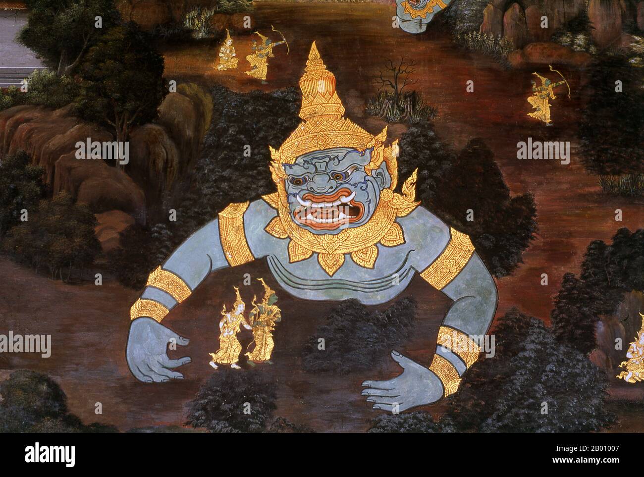 Thailand: Tosakanth (Ravana), King of the Demons, menacing Rama and Laksaman, Ramakien (Ramayana) murals, Wat Phra Kaeo (Temple of the Emerald Buddha), Bangkok. The Ramayana is a story as old as time Thailand: Tosakanth (Ravana), King of the Demons, menacing Rama and Laksaman, Ramakien (Ramayana) murals, Wat Phra Kaeo (Temple of the Emerald Buddha), Bangkok. The Ramayana is a story as old as time