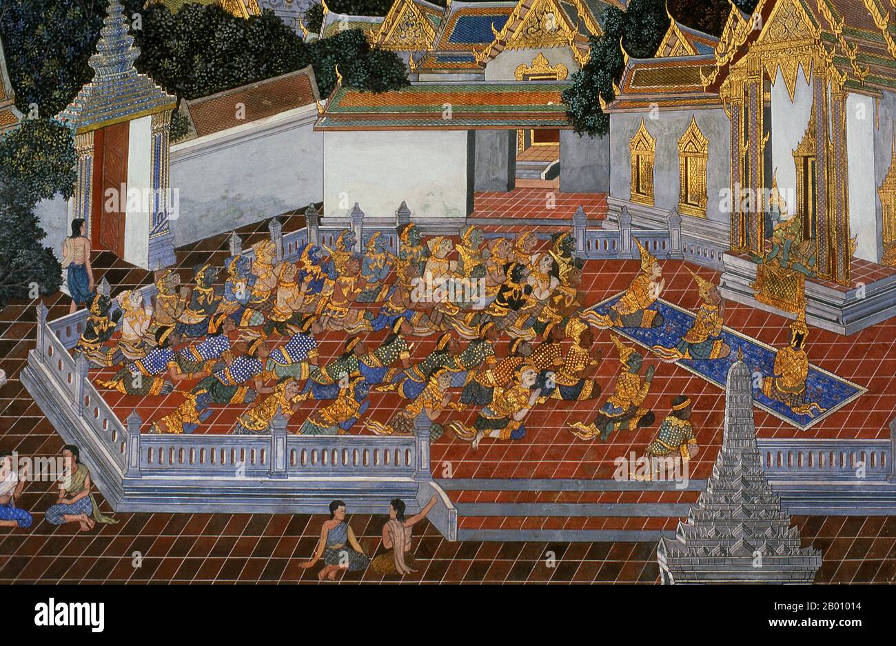 Thailand: Rama rewards his brothers and the monkey soldiers, Ramakien (Ramayana) murals, Wat Phra Kaeo (Temple of the Emerald Buddha), Bangkok.  The Ramayana is a story as old as time and - at least in the Indian subcontinent and across much of Southeast Asia - of unparalleled popularity. More than two thousand three hundred years ago the scholar-poet Valmiki sat down to write his definitive epic of love and war.  The Ramakien is the Thai version of this epic and has an important influence on Thai literature, art and drama. It is regarded as the National Epic of Thailand. Stock Photo