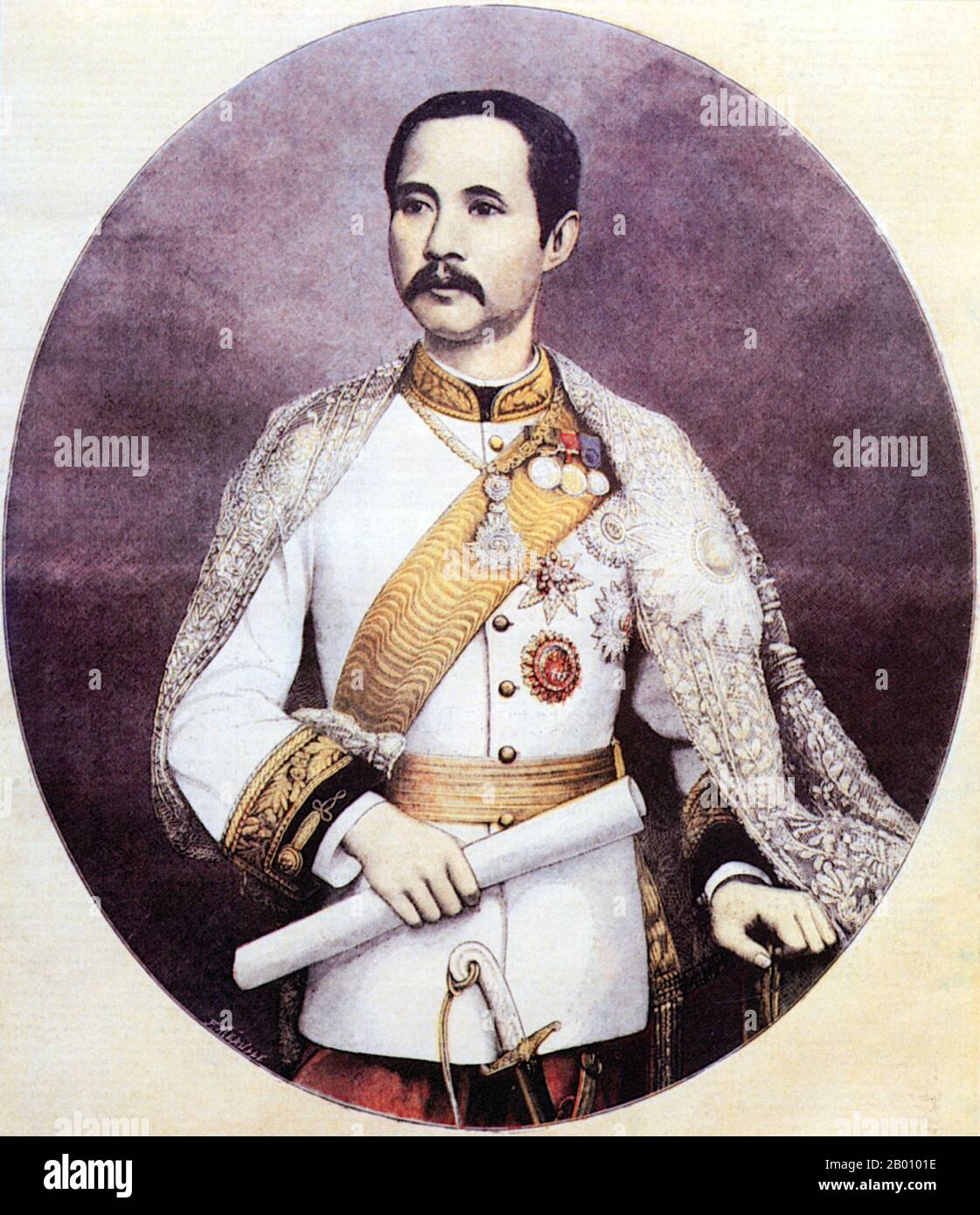 Thailand: King Rama V, Chulalongkorn (1 October 1868 – 23 October 1910), 5th monarch of the Chakri Dynasty. Portrait by Fortune-Louis Meaulle (1844-1916), 1897.  Phra Bat Somdet Phra Poramintharamaha Chulalongkorn Phra Chunla Chom Klao Chao Yu Hua, or Rama V (20 September 1853 – 23 October 1910) was the fifth monarch of Siam under the House of Chakri. He is considered one of the greatest kings of Siam. His reign was characterized by the modernisation of Siam, immense government and social reforms, and territorial cessions to the British Empire and French Indochina. Stock Photo