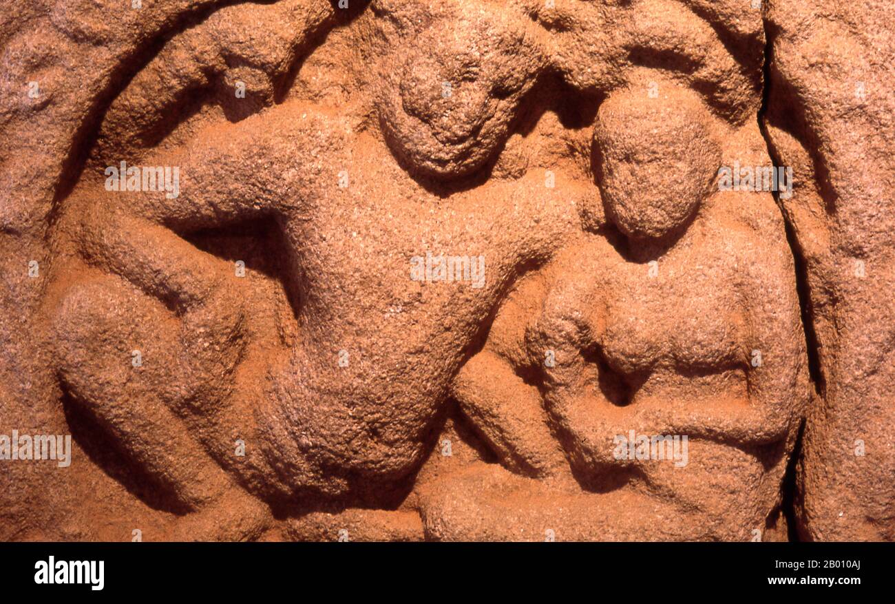 Sri Lanka: Frieze, Isurumuniya temple museum, Anuradhapura.  Isurumuniya Vihara is a rock temple built during the reign of King Devanampiya Tissa (r. 307 - 267 BCE).  Anuradhapura is one of Sri Lanka's ancient capitals and famous for its well-preserved ruins. From the 4th century BCE until the beginning of the 11th century CE it was the capital. During this period it remained one of the most stable and durable centers of political power and urban life in South Asia. The ancient city, considered sacred to the Buddhist world, is today surrounded by monasteries. Stock Photo