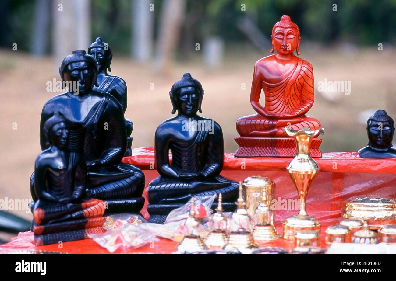 Sri Lanka: Souvenirs at Anuradhapura.  Anuradhapura is one of Sri Lanka's ancient capitals and famous for its well-preserved ruins. From the 4th century BCE until the beginning of the 11th century CE it was the capital. During this period it remained one of the most stable and durable centres of political power and urban life in South Asia. The ancient city, considered sacred to the Buddhist world, is today surrounded by monasteries covering an area of over sixteen square miles (40 km²). Stock Photo