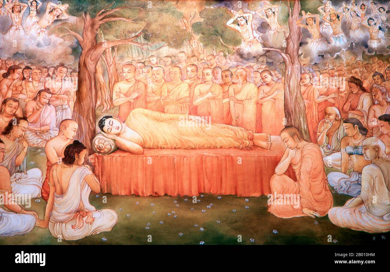 Sri Lanka: Buddha in death, depicted in a mural in the Temple of the Tooth, Kandy.  Sri Dalada Maligawa or The Temple of the Sacred Tooth Relic is located in the royal palace complex and houses the Relic of the tooth of Buddha. Since ancient times, the relic has played an important role in local politics because it is believed that whoever holds the relic holds the governance of the country. Stock Photo