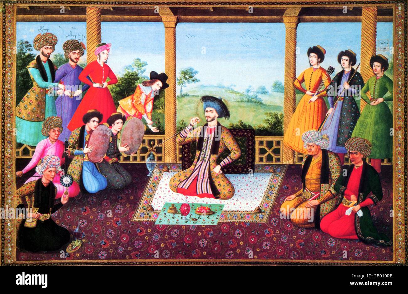 Iran: A painting by Ali-Quli Jabbadar (1666-1694) depicting a 17th-century royal garden pavilion scene from the court of the Safavid Shah Sulaiman.  The Safavids were one of the most significant ruling dynasties of Persia and established the Twelver school of Shi'a Islam as the official religion of their empire, marking one of the most important turning points in the history of Islam. This Shia dynasty was of mixed ancestry: Kurdish, Azerbaijani, Georgian and Greek, and ruled Iran from 1501 to 1722. Stock Photo