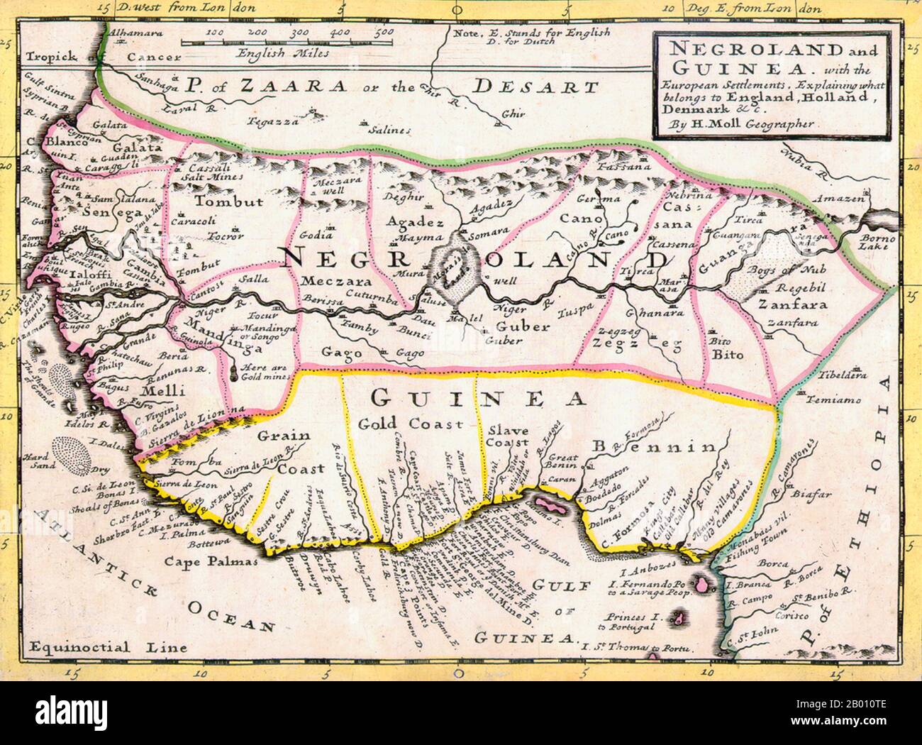 Nigeria: Map of Negroland and Guinea by Herman Moll (1654-1732), showing the Kingdom of Benin ('Bennin') by the Gulf of Guinea, 1727.  'Negroland and Guinea with the European Settlements, Explaining what belongs to England, Holland, Denmark, etc'. By Herman Moll (1654-1732), Geographer. Stock Photo