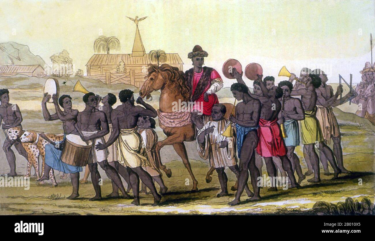 Nigeria: An Oba or ruler of the Benin Kingdom progressing on horseback. Lithograph by Giulio Ferrario (1767-1847), c. 1815-1827.  The Benin Empire (1440–1897) was a pre-colonial African state in what is now modern Nigeria. It is not to be confused with the modern-day country called Benin (and formerly called Dahomey). Stock Photo