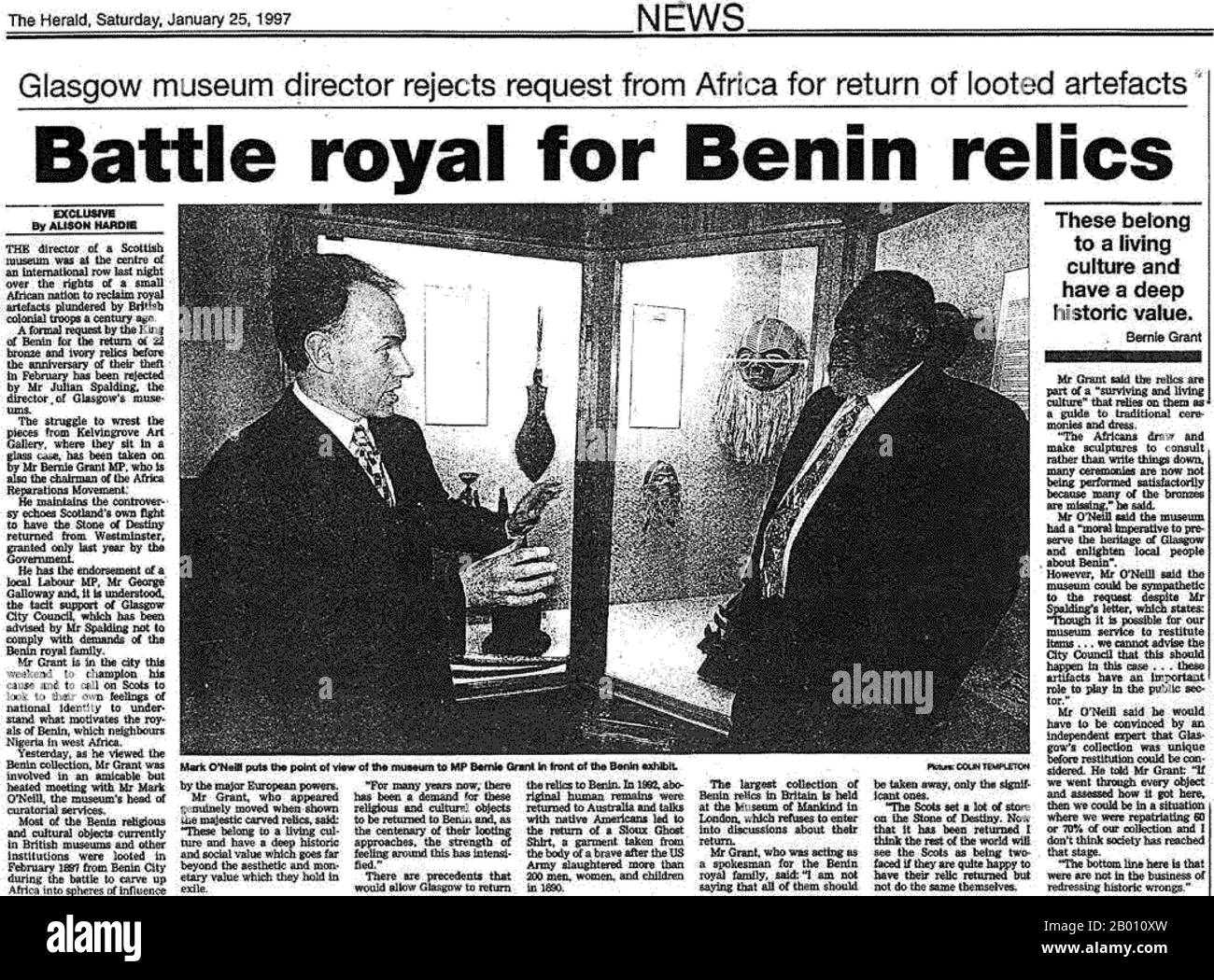 Nigeria: 'Battle Royal for Benin relics'. Headline from the Glasgow Herald, January 25 1997. Stock Photo