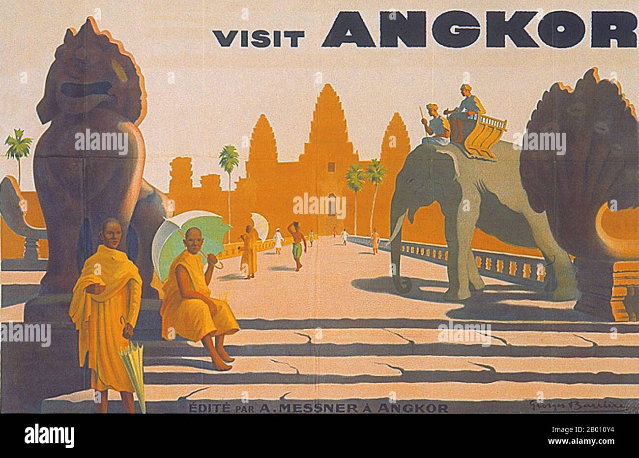 Cambodia: 'Visit Angkor', a 1930s tourism poster by Georges Barriere (1881-1944).  Georges Barrière (28 March 1881 in Chablis, France – 1944 in Đồ Sơn, Vietnam) was a French painter. He went to Paris at the age of 19 to follow the courses of Léon Bonnat and Jules Adler at the Beaux-Arts in Paris. His paintings were shown at the Salon d'Automne in 1903, at the Société des Artistes Indépendants in 1906, and the Salon des Artistes Français in 1909. Stock Photo