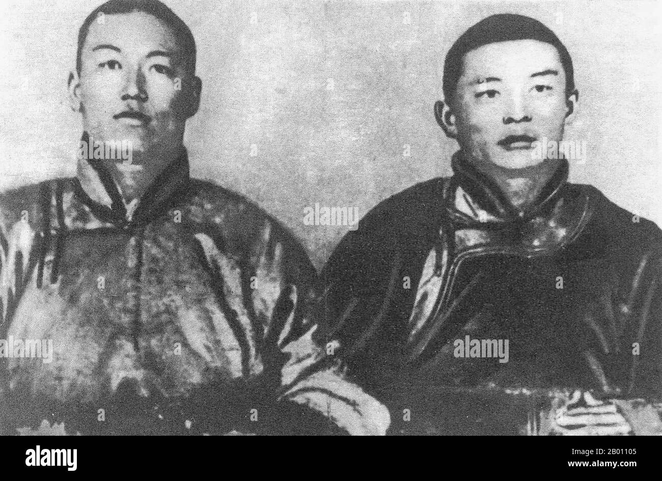 Mongolia: Damdin Sukhbaatar (1893-1923, left) and Khorloogiin Choibalsan (1895-1952, right), Mongolian revolutionary leaders, early 1920s.  Damdin Sukhbaatar (February 2, 1893 - February 20, 1923) was a Mongolian military leader in the 1921 revolution. He is remembered as one of the most important figures in Mongolia's struggle for independence.   Khorloogiin Choibalsan joined with Sukhbaatar to form the Mongolian People's Revolutionary Party. After the Mongolian and Soviet Red Army forces entered Urga in 1921 and established a pro-Soviet government, Choibalsan became deputy war minister. Stock Photo