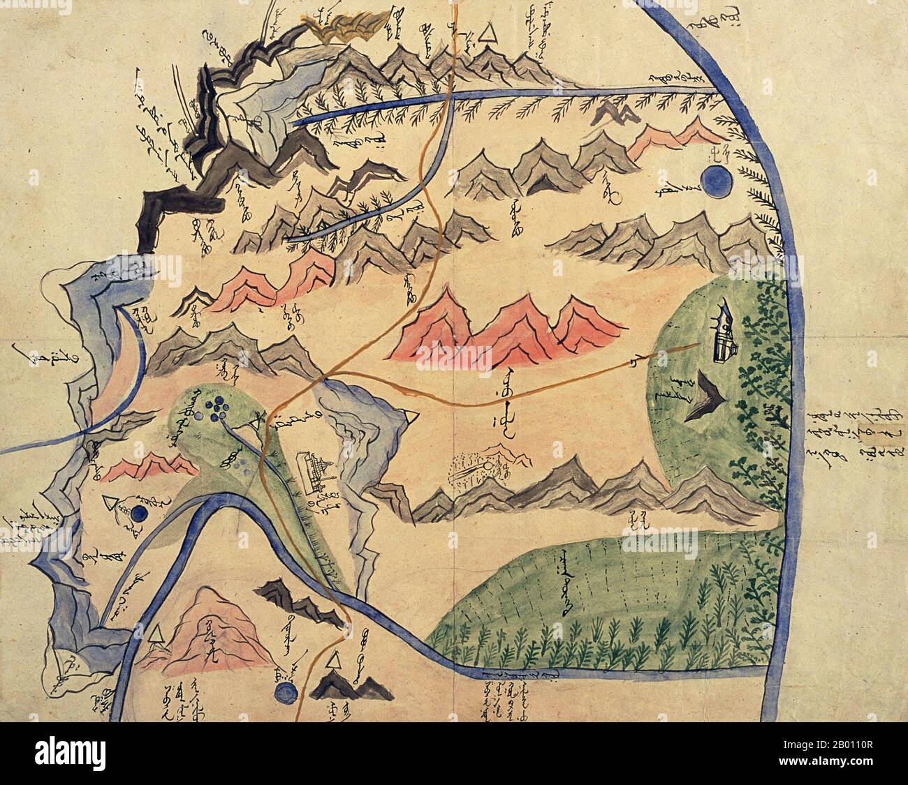Mongolia: Map of the Jutgelt Gun's hoshuu (banner) of the Altai Urianhai in western Mongolia (1912-1914).   Material is Chinese paper, original size is 36x45 cm. Stock Photo