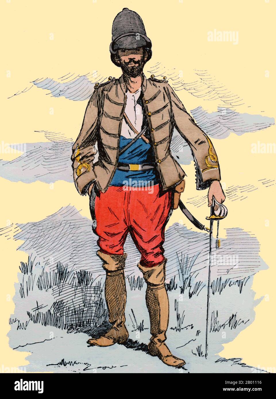 Vietnam: A French zouave officer in Tonkin. Illustration by Maurice Rollet de l'Isle (1859-1943), 1885.  Zouave was the title given to certain light infantry regiments in the French Army, normally serving in French North Africa between 1831 and 1962. The name was also adopted during the 19th century by units in other armies, especially volunteer regiments raised for service in the American Civil War. The characteristic zouave uniform included short open-fronted jackets, baggy trousers and often sashes and oriental headgear. Stock Photo