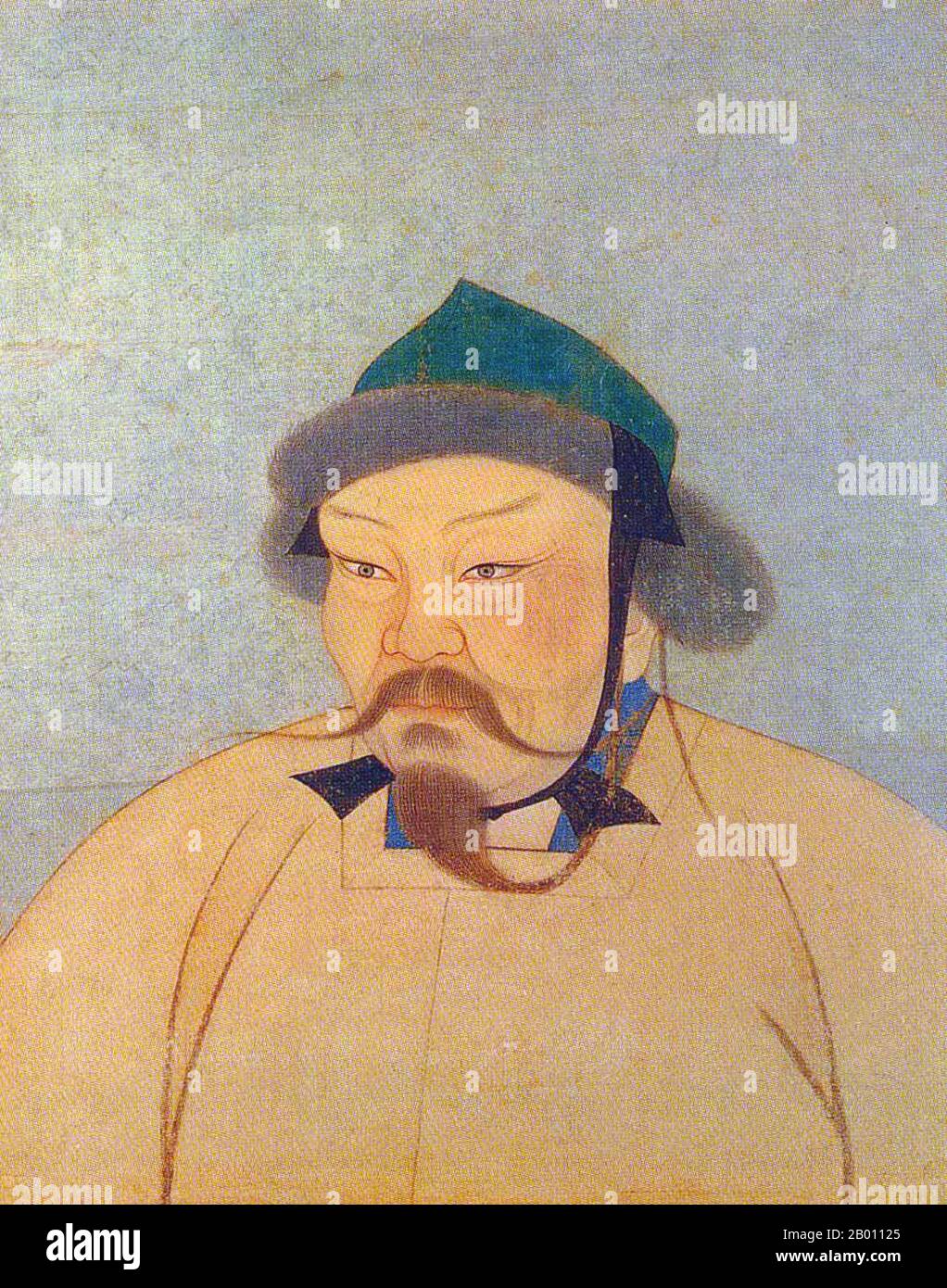 Mongolia: Ogedei Khan (r.1229-1241), 2nd Khagan of the Mongol Empire. Ink on silk album portrait, 14th century.  Ogedei Khan (c. 1186 – December 11, 1241) was the third son of Genghis Khan and second Great Khan (Khagan) of the Mongol Empire by succeeding his father. He continued the expansion of the empire that his father had begun, and was a world figure when the Mongol Empire reached its farthest extent west and south during the invasions of Europe and Asia. Like all of Genghis' primary sons, he participated extensively in conquests in China, Iran and Central Asia. Stock Photo