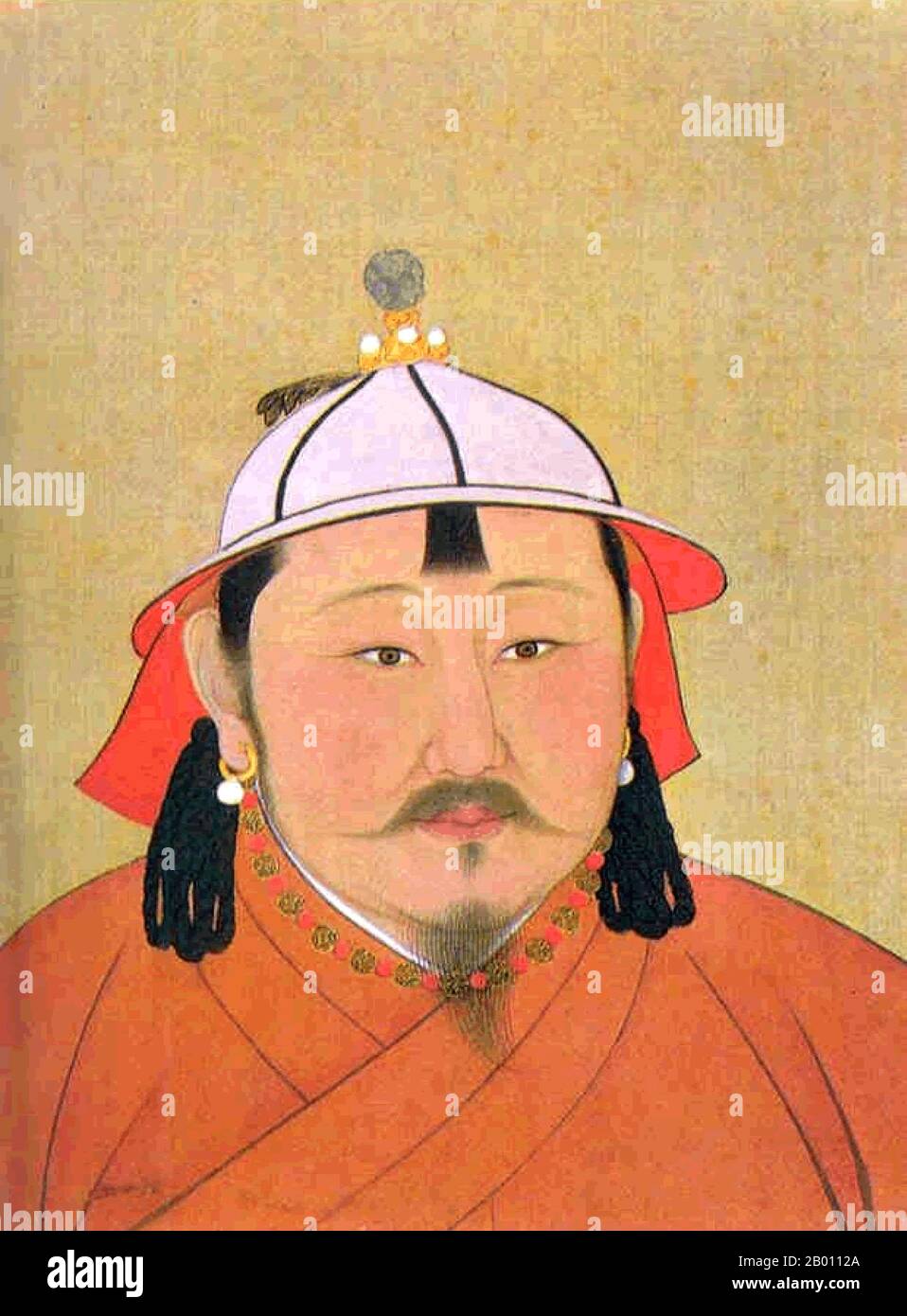 Mongolia/China: Temur Oljeytu Khan, 6th Khagan of the Mongol Empire; 2nd Yuan Emperor Chengzong. Ink on silk album portrait, 14th century.  Temur Khan (October 15, 1265-February 10, 1307), also spelled Timur, was the second leader of the Yuan Dynasty between May 10, 1294 and February 10, 1307, and is considered as the sixth Great Khan of the Mongols in Mongolia. He was a son of the Crown Prince Zhenjin and the grandson of Kublai Khan. During his rule, the Tran, Pagan and Champa dynasties and western khanates of the Mongol Empire accepted his supremacy. Stock Photo