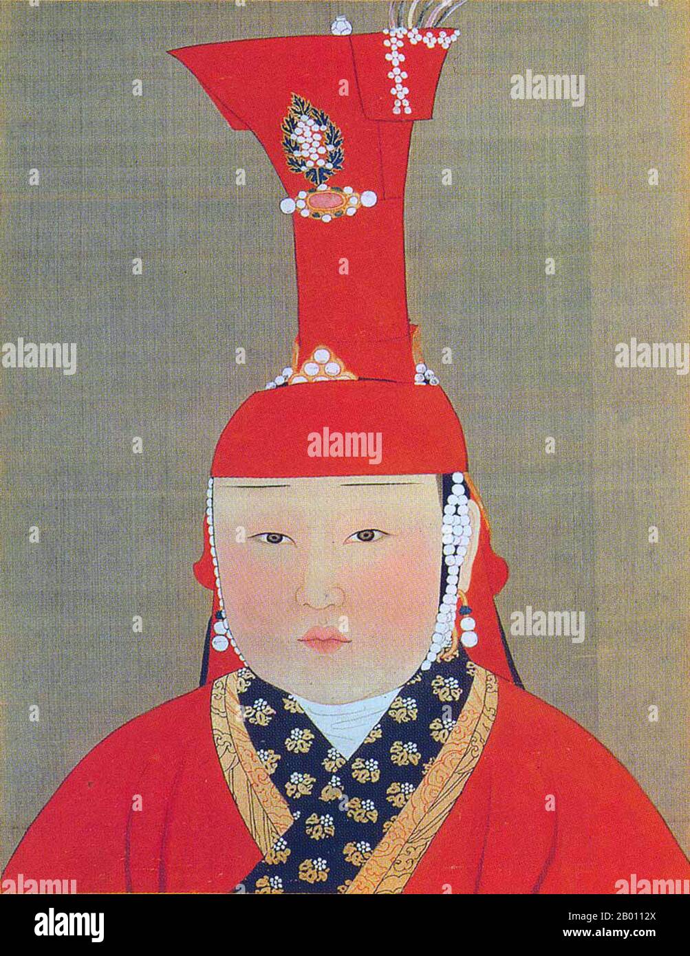 Mongolia/China: An unnamed Yuan imperial consort. Paint and ink on silk album portrait by Araniko (1244-1306), 14th century.  Khatun (Persian; Turkish: Hatun) is a female title of nobility and equivalent to male 'khan' prominently used in the First Turkish Empire and in the subsequent Mongol Empire. It is equivalent to queen or empress. Stock Photo