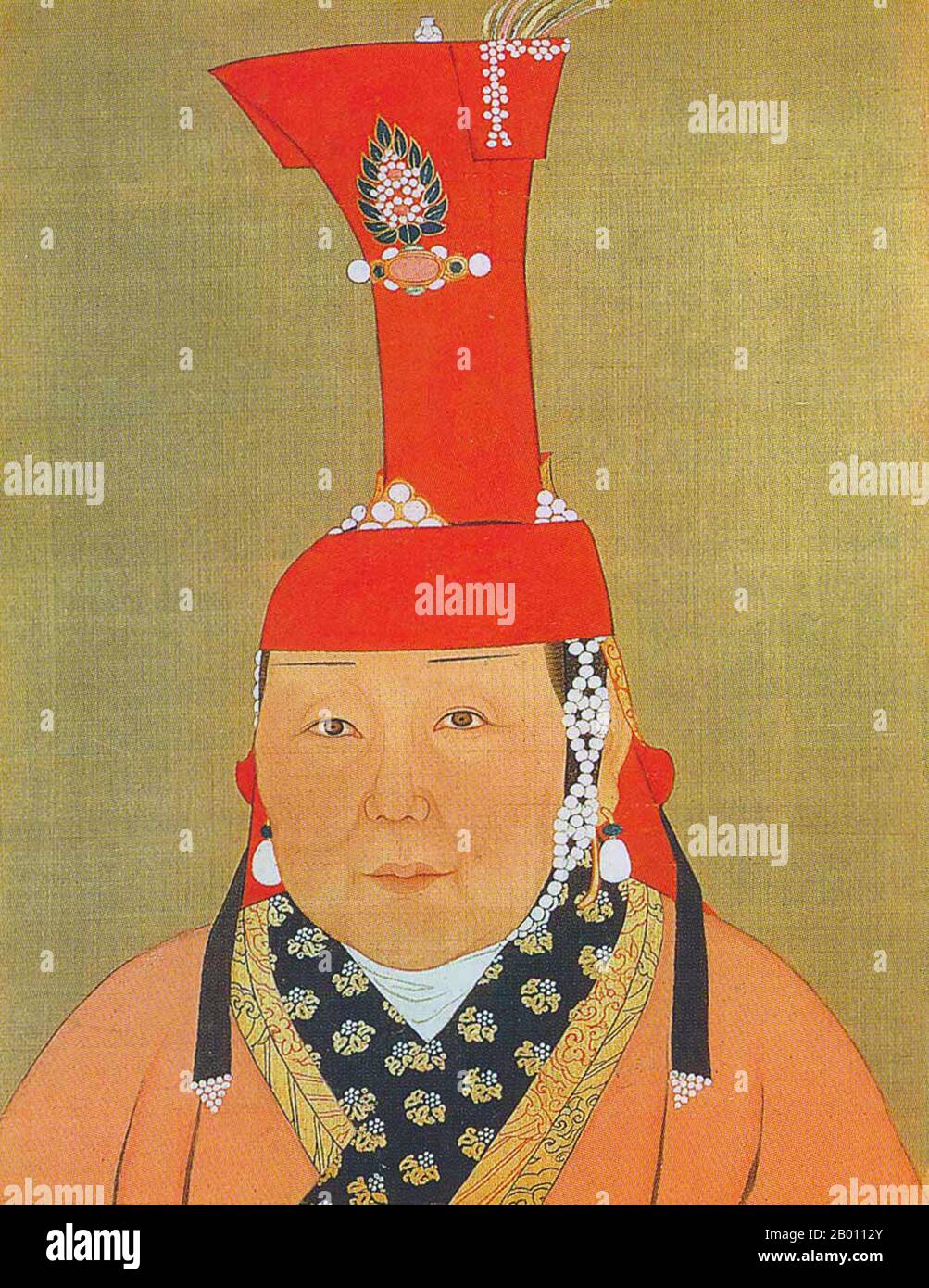Mongolia/China: An unnamed Yuan imperial consort. Paint and ink on silk album portrait by Araniko (1244-1306), 14th century.  Khatun (Persian; Turkish: Hatun) is a female title of nobility and equivalent to male 'khan' prominently used in the First Turkish Empire and in the subsequent Mongol Empire. It is equivalent to queen or empress. Stock Photo