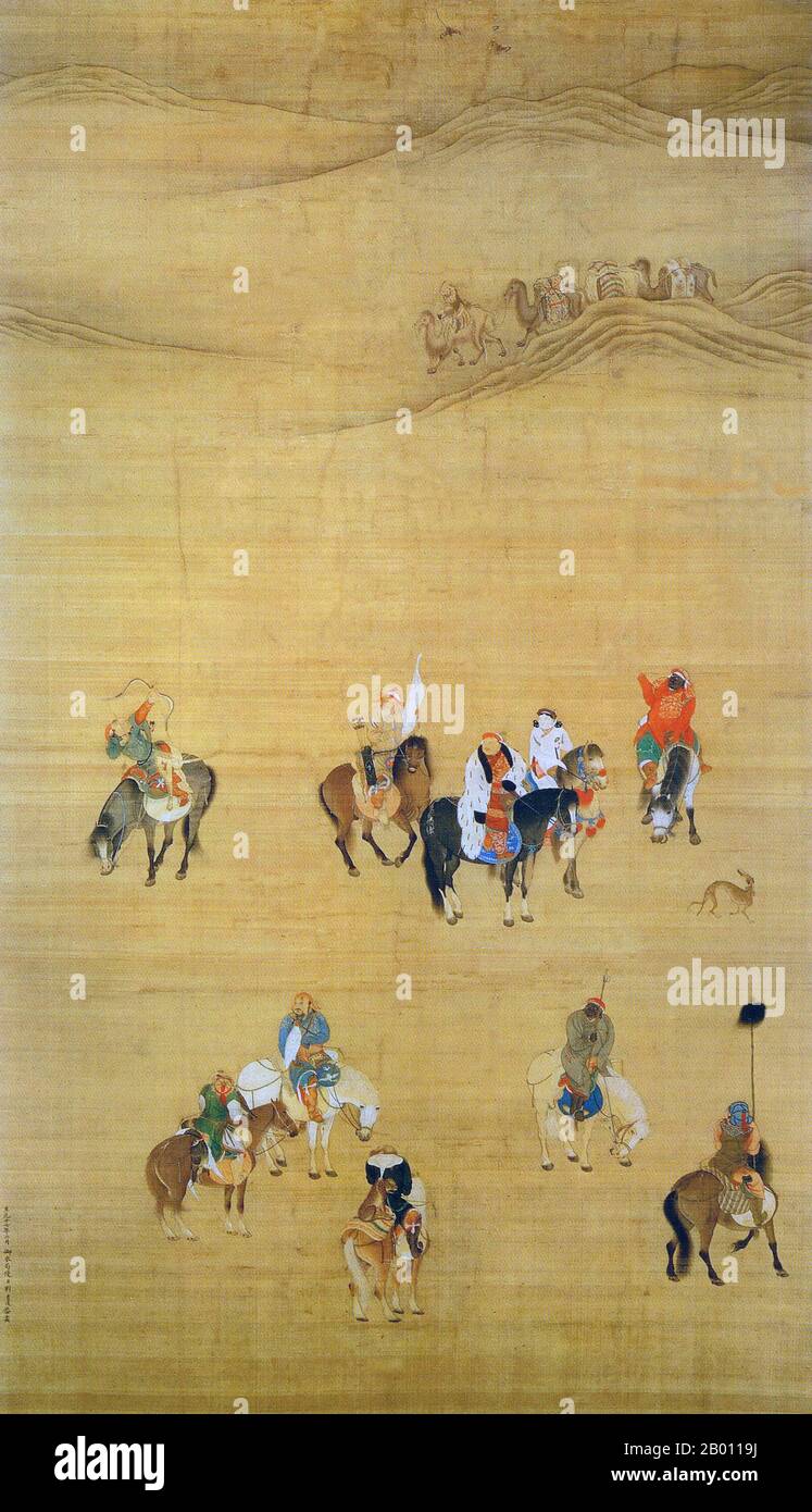 China: Kublai Khan hunting on horseback. Hanging scroll painting by Liu Guandao (1258-1336), 1280.  Chinese scroll painting Liu Kuan-tao showing a camel caravan carrying carpets in the background with the Mongol emperor Kublai Khan hunting in foreground; note hunting cheetah on back of saddle. Stock Photo