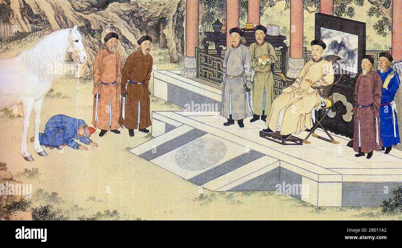 China: Kirghiz/Tartar envoys presenting tribute horses to the Qianlong Emperor. Handscroll painting by Giuseppe Castiglione/Lang Shining (1688-1766), 1757.  The Qianlong Emperor (25 September 1711 – 7 February 1799) was the fifth emperor of the Manchu-led Qing Dynasty, and the fourth Qing emperor to rule over China proper. The fourth son of the Yongzheng Emperor, he reigned officially from 11 October 1736 to 7 February 1795.  On 8 February, he abdicated in favor of his son, the Jiaqing Emperor - a filial act in order not to reign longer than his grandfather, the illustrious Kangxi Emperor. Stock Photo