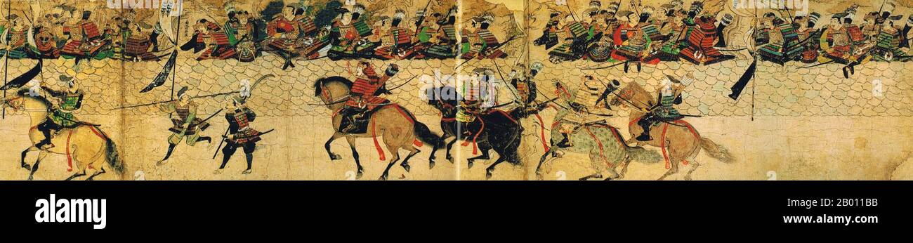 Japan: Mongol invasion of Japan; defensive wall at Hakata. Painting from the illustrated handscroll 'Moko Shurai Ekotoba' ('Illustated Account of the Mongol Invasion'), c. 1293.  The Mongol invasions of Japan of 1274 and 1281 were major military invasions undertaken by Kublai Khan to conquer the Japanese islands after the submission of Korea. Despite their ultimate failure, the invasion attempts are of historical importance, because they set a limit on Mongol expansion, and rank as nation-defining events in Japanese history. Stock Photo