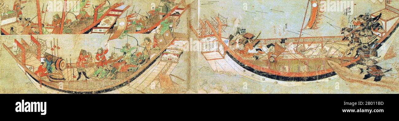 Japan: Mongol invasion of Japan; Japanese samurai boarding Mongol ships in 1281. Painting from the illustrated handscroll 'Moko Shurai Ekotoba' ('Illustated Account of the Mongol Invasion'), c. 1293.  The Mongol invasions of Japan of 1274 and 1281 were major military invasions undertaken by Kublai Khan to conquer the Japanese islands after the submission of Korea. Despite their ultimate failure, the invasion attempts are of historical importance, because they set a limit on Mongol expansion, and rank as nation-defining events in Japanese history. Stock Photo