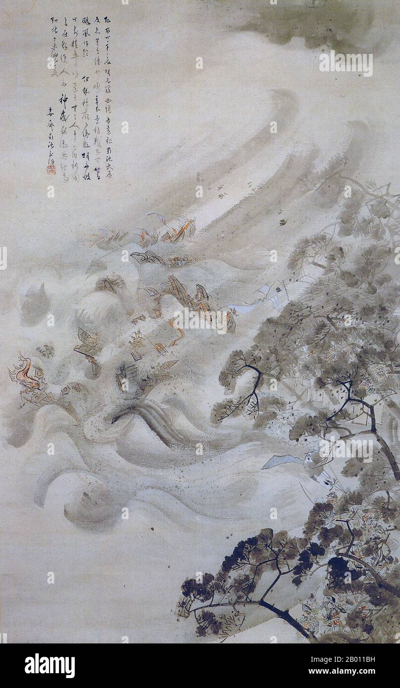 Japan: 'Mongol Invasion'. Ink and water on paper painting, by Kikuchi Yosai (1781-1878), 1847.  The Mongol invasions of Japan of 1274 and 1281 were major military invasions undertaken by Kublai Khan to conquer the Japanese islands after the submission of Korea. Despite their ultimate failure, the invasion attempts are of historical importance, because they set a limit on Mongol expansion, and rank as nation-defining events in Japanese history. The Japanese were successful, in part because the Mongols lost much of their troops and supplies as a result of major storms at sea, named kamikaze. Stock Photo