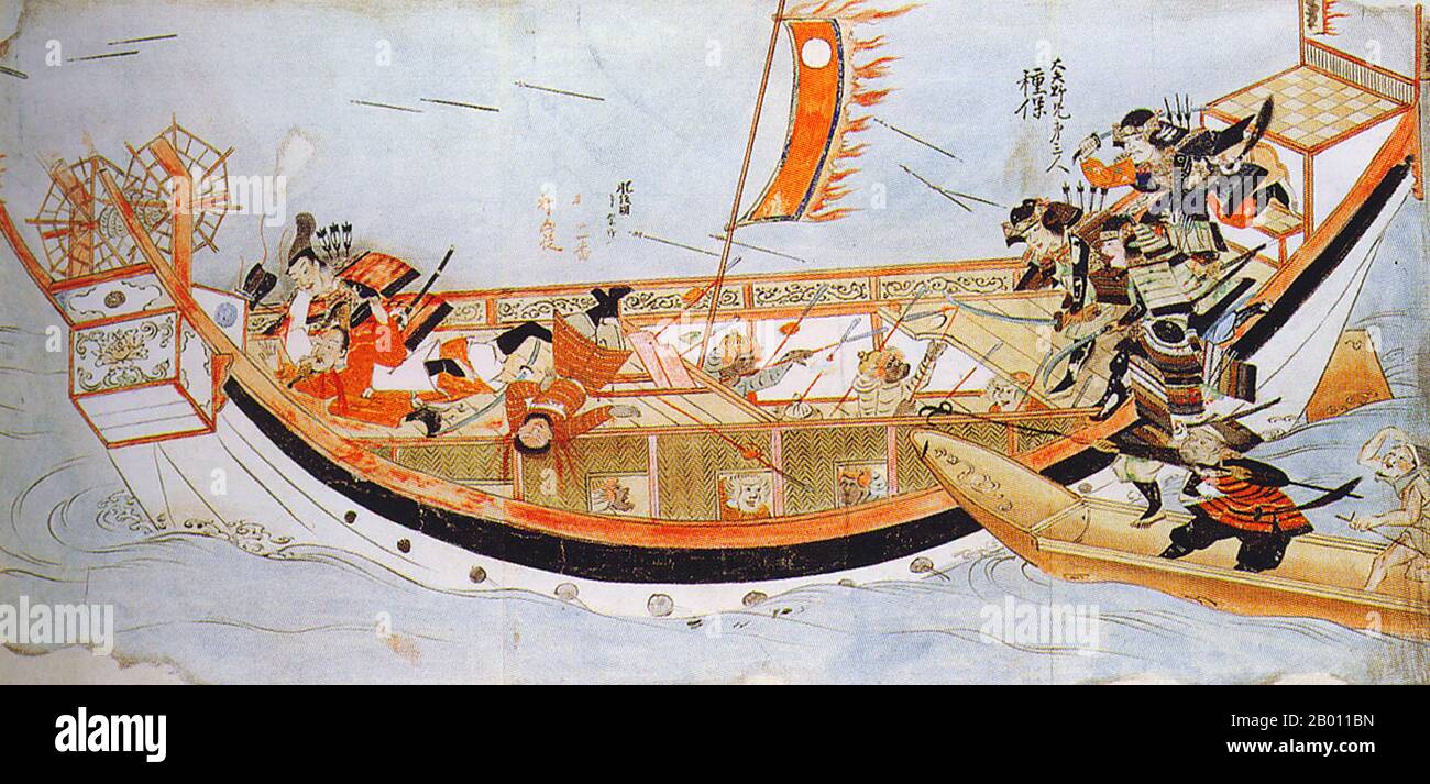 Japan: Mongols and Japanese engaged in naval warfare. Painting from the illustrated handscroll 'Moko Shurai Ekotoba' ('Illustated Account of the Mongol Invasion'), this copy by Fukuda Taika (fl. 19th century), 1846.  The Mongol invasions of Japan of 1274 and 1281 were major military invasions undertaken by Kublai Khan to conquer the Japanese islands after the submission of Korea. Despite their ultimate failure, the invasion attempts are of historical importance, because they set a limit on Mongol expansion, and rank as nation-defining events in Japanese history. Stock Photo