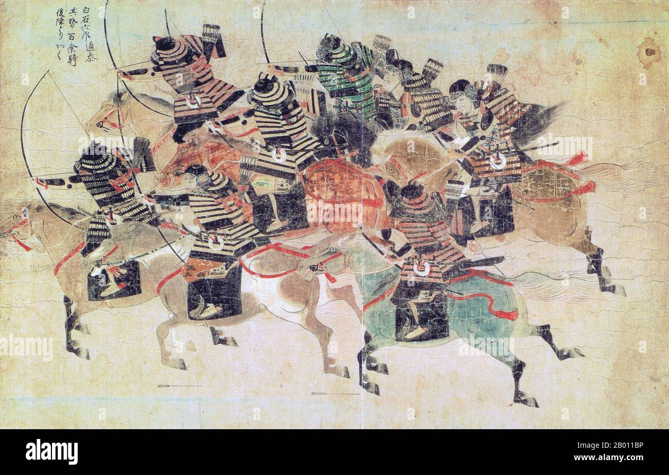Japan: Mongols and Japanese engaged in warfare; scene showing mounted samurai attack. Painting from the illustrated handscroll 'Moko Shurai Ekotoba' ('Illustated Account of the Mongol Invasion'), c. 1293.  The Mongol invasions of Japan of 1274 and 1281 were major military invasions undertaken by Kublai Khan to conquer the Japanese islands after the submission of Korea. Despite their ultimate failure, the invasion attempts are of historical importance, because they set a limit on Mongol expansion, and rank as nation-defining events in Japanese history. Stock Photo