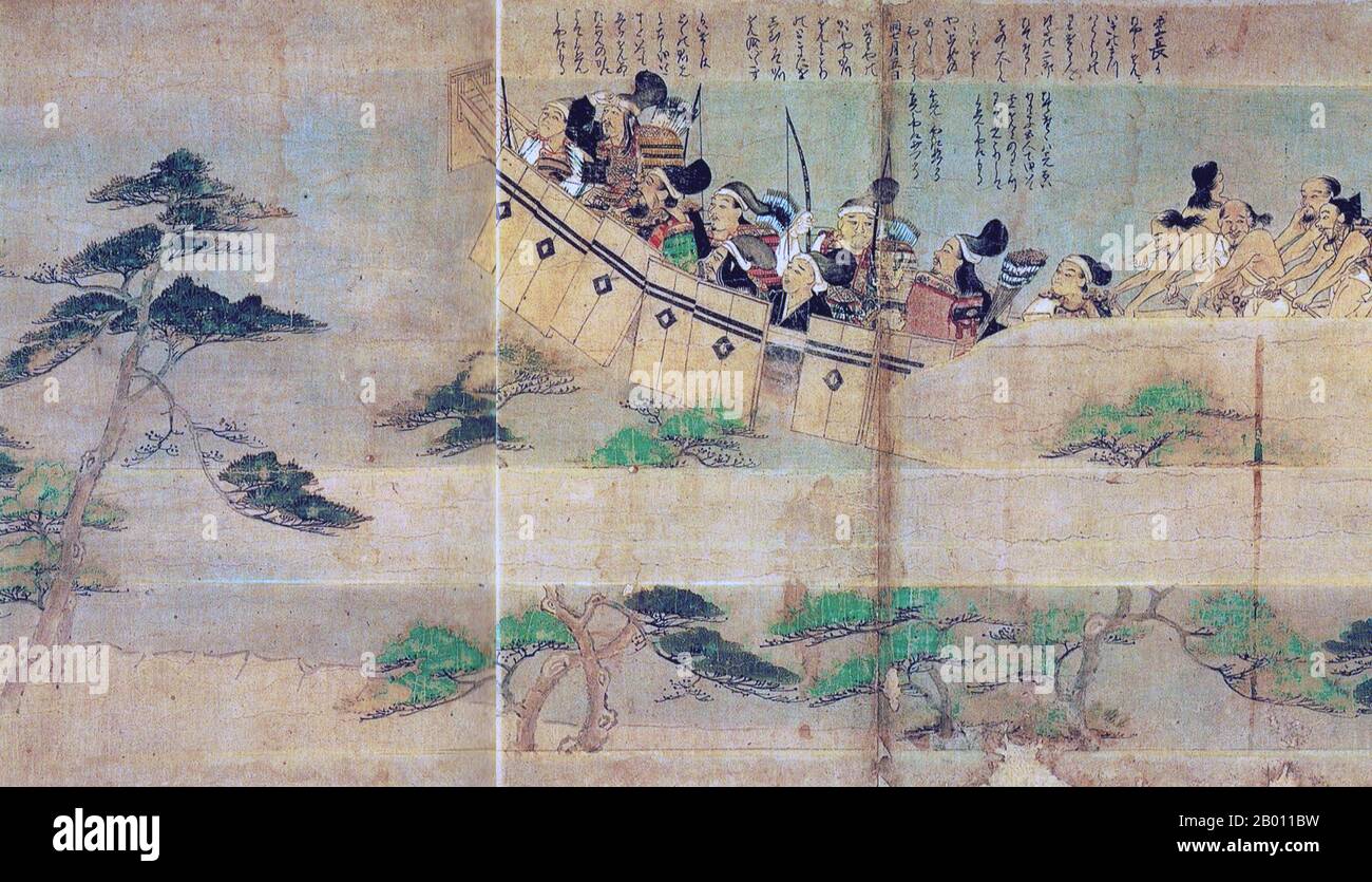 Japan: Mongols and Japanese engaged in warfare; Japanese await Mongol attack behind fortified position. Painting from the illustrated handscroll 'Moko Shurai Ekotoba' ('Illustated Account of the Mongol Invasion'), c. 1293.  The Mongol invasions of Japan of 1274 and 1281 were major military invasions undertaken by Kublai Khan to conquer the Japanese islands after the submission of Korea. Despite their ultimate failure, the invasion attempts are of historical importance, because they set a limit on Mongol expansion, and rank as nation-defining events in Japanese history. Stock Photo