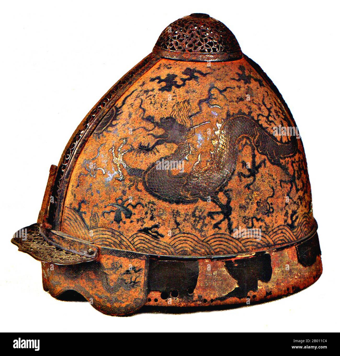 Japan: A Mongol helmet taken as a trophy by the victorious Japanese during the Yuan invasion of 1274 or 1281.  The Mongol invasions of Japan of 1274 and 1281 were major military invasions undertaken by Kublai Khan to conquer the Japanese islands after the submission of Korea. Despite their ultimate failure, the invasion attempts are of historical importance, because they set a limit on Mongol expansion, and rank as nation-defining events in Japanese history. The Japanese were successful, in part because the Mongols lost up to 75% of their troops and supplies as a result of major storms at sea. Stock Photo