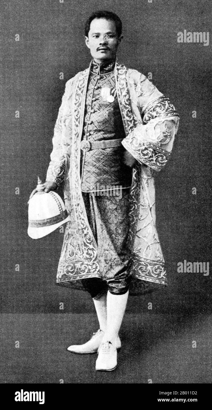 Thailand: A Siamese aristocrat dressed for the ‘Drinking of the Water of Allegiance’ ceremony, mid- to late-19th century.  The ‘Drinking of the Water of Allegiance’ ceremony was a Siamese state festival derived from the Khmers who performed a similar ritual in the 10th/11th century CE. It was one of the most important state ceremonies in the Ayutthaya kingdom (1350—1767). During the Rattanakosin period (1767—1932) in Siam, the rite took place twice yearly: on the third day of the waxing of the fifth month (Chaitra), and on the 13th day of the waning of the 10th month (Bhadrapada). Stock Photo