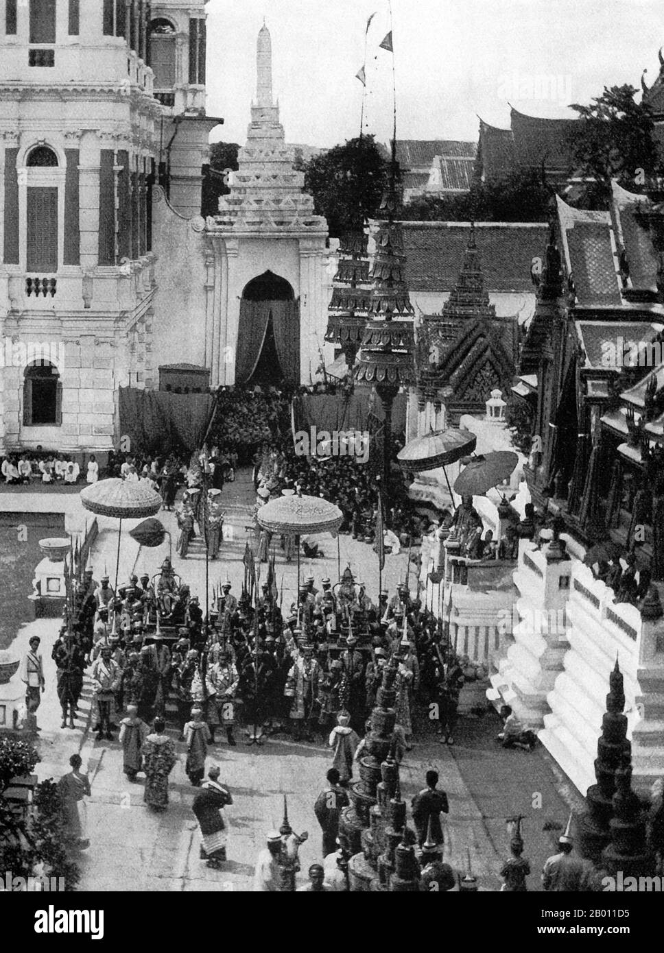 Thailand: Two young princes (bottom left of picture) stand in front of a royal entourage for their tonsure ceremony, Bangkok, late 19th century.  In 19th-century Siam, almost every young male in the royal family entered the ‘sangha’ or Buddhist monkhood as a rite of passage. The tonsure ceremony was an initial act of this rite as all novices must have their heads shaved to enter the monastic order. The tradition survives to this day, not just among Thai royalty, but at all levels of society. Stock Photo