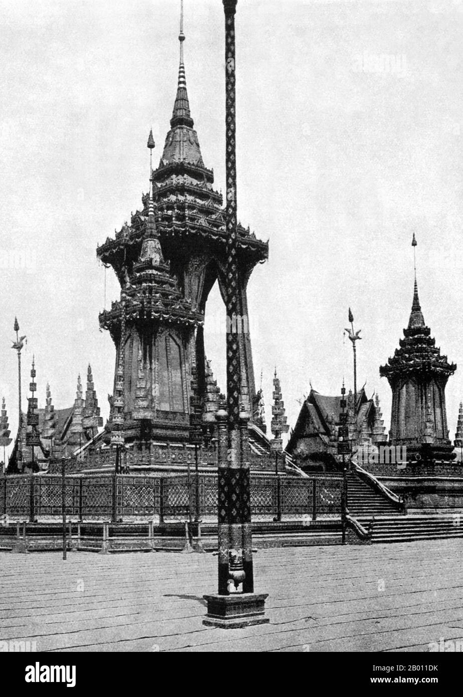 Thailand: Temporary monuments erected for the funeral of King Chulalongkorn in Bangkok in March 1911.  Elaborate pavilions and Buddhist temples are traditionally constructed especially for royal funerals in Siam. The body of the deceased was embalmed and preserved while the cremation site was built. Funereal rites and a period of mourning could take months or even a year before the funeral took place. The embalmed body was then placed in a kneeling position in a gold urn on a high bier inside an ornate edifice to be cremated. Stock Photo