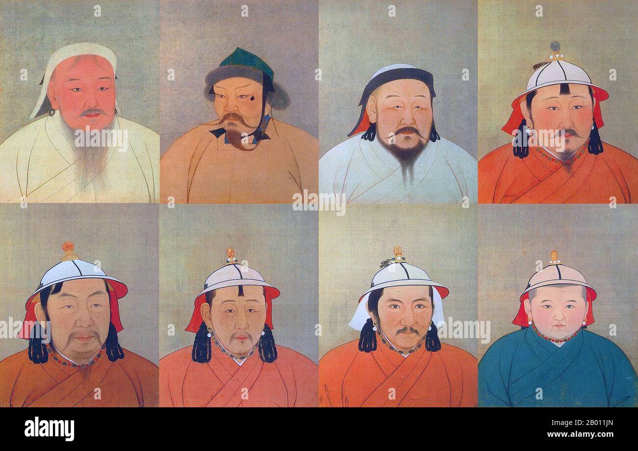 Mongolia/China: Composite image of eight Mongol Khagans who ruled between 1206 and 1332. Ink on silk album portraits, 14th century.  Composite image of eight Mongol Khagans who ruled between 1206 and 1332. Top left to bottom right: Genghis Khan (1206-1227);  Ogedei Khan (1229-1241); Kublai Khan (1260-1294); Temur Khan (1294-1307); Buyantu Khan (1311-1320); Kulug Khan (1307-1311);  Jayaatu Khan (1328-1329; 1329-1332); Rinchinbal Khan (1332). Stock Photo
