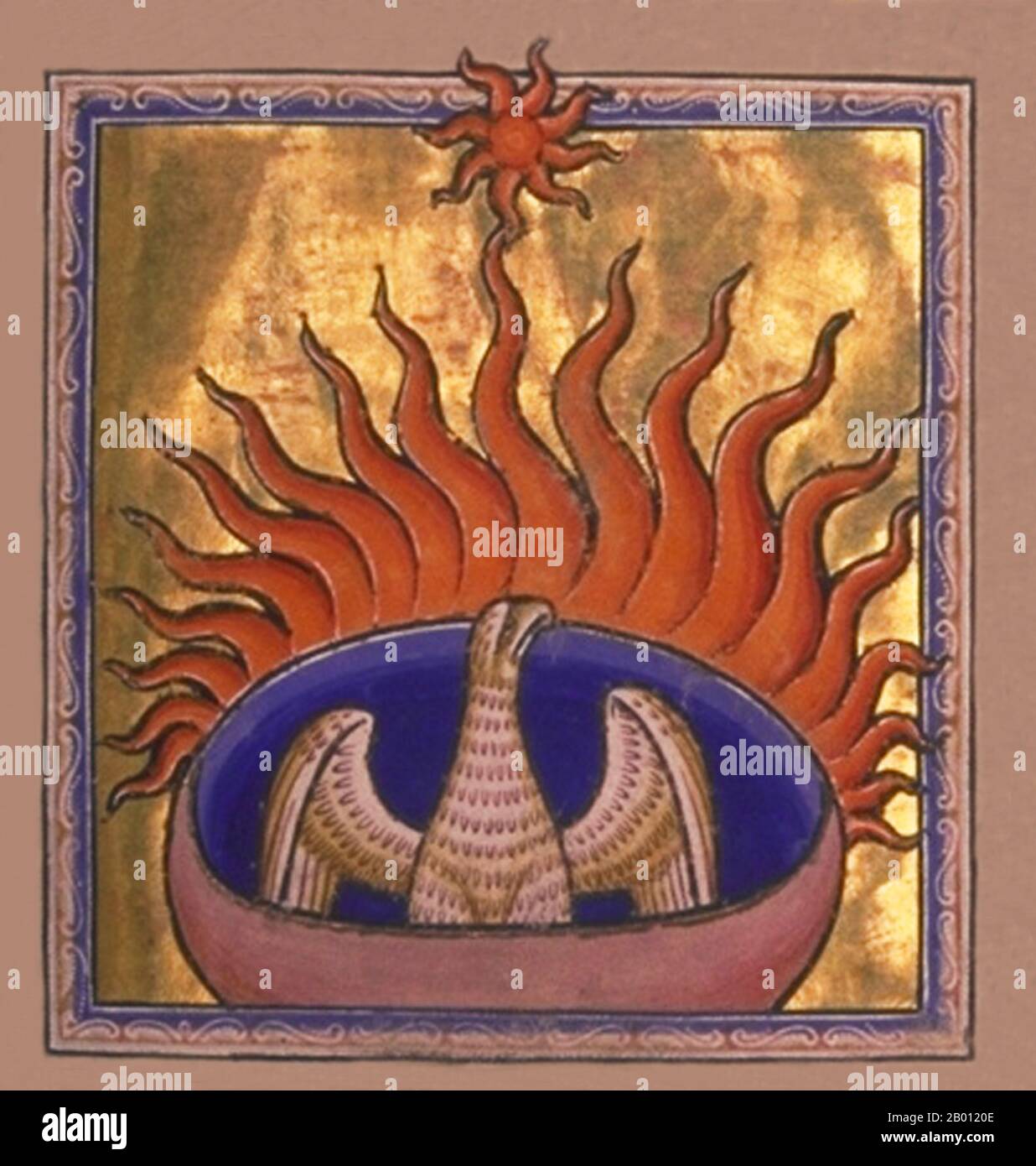 Scotland: A phoenix as depicted in the Aberdeen Bestiary (12th century).  The phoenix is a mythical sacred firebird that can be found in the mythologies of the Persians, Greeks, Romans, Egyptians, Chinese, and (according to Sanchuniathon) Phoenicians.  A phoenix is a mythical bird that is a fire spirit with a colorful plumage and a tail of gold and scarlet (or purple, blue, and green according to some legends). It has a 500 to 1000 year life-cycle, near the end of which it builds itself a nest of twigs that then ignites, reduced to ashes before being reborn. Stock Photo
