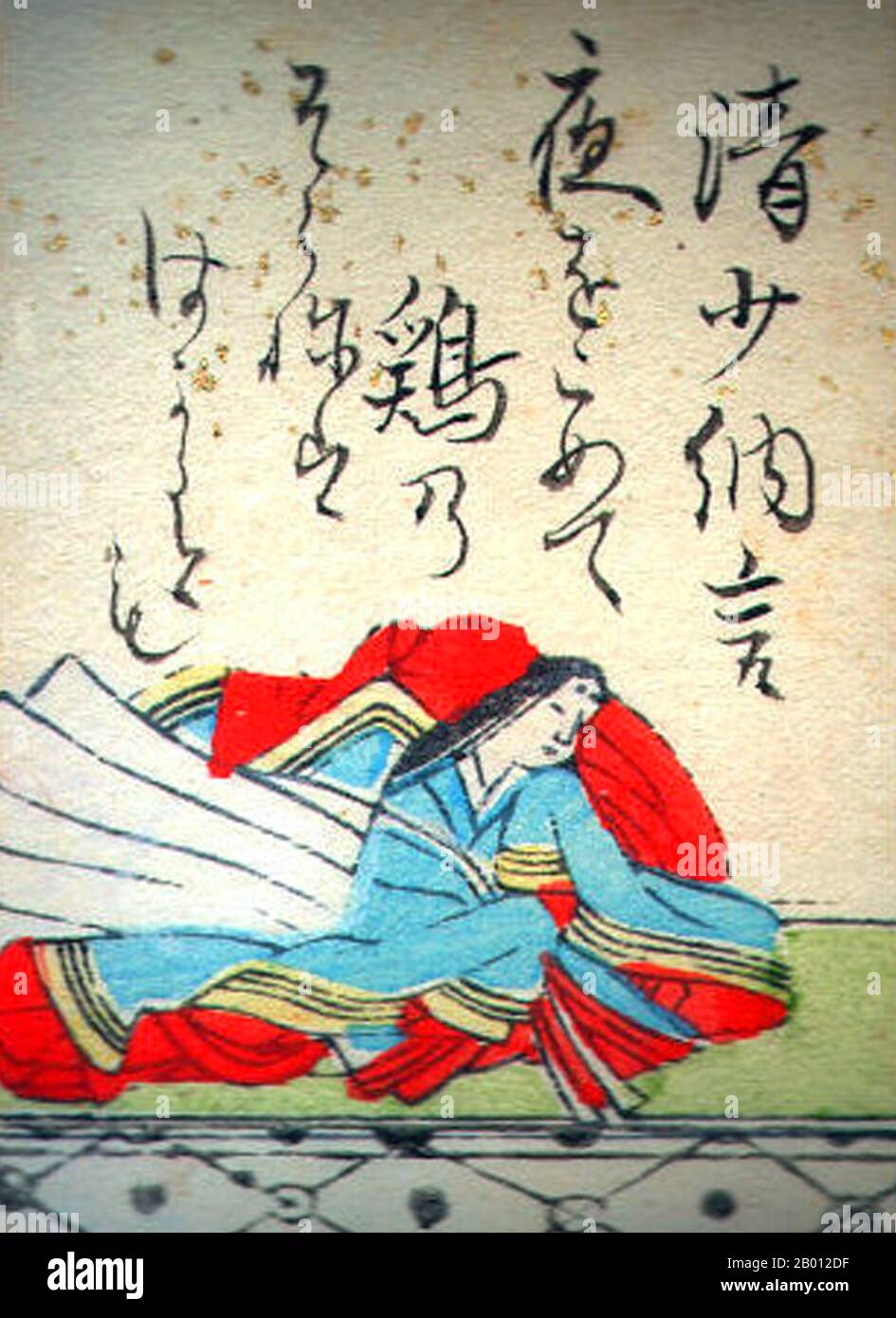 Japan: Sei Shonagon (c. 966-1017/1025) Japanese author and court lady of the middle Heian Era. Portrait from an uta-garuta playing card for 'Hyakunin Isshu' (anthology of poems), Edo Period (1600-1868).  Sei Shonagon (c. 966-1017/1025) was a Japanese author and a court lady who served the Empress Teishi (Empress Sadako) around the year 1000 during the middle Heian period. She is best known as the author of The Pillow Book 'Makura no Soshi', a collection of lists, gossip, poetry, observations and anything else she found of interest during her years at court. Stock Photo