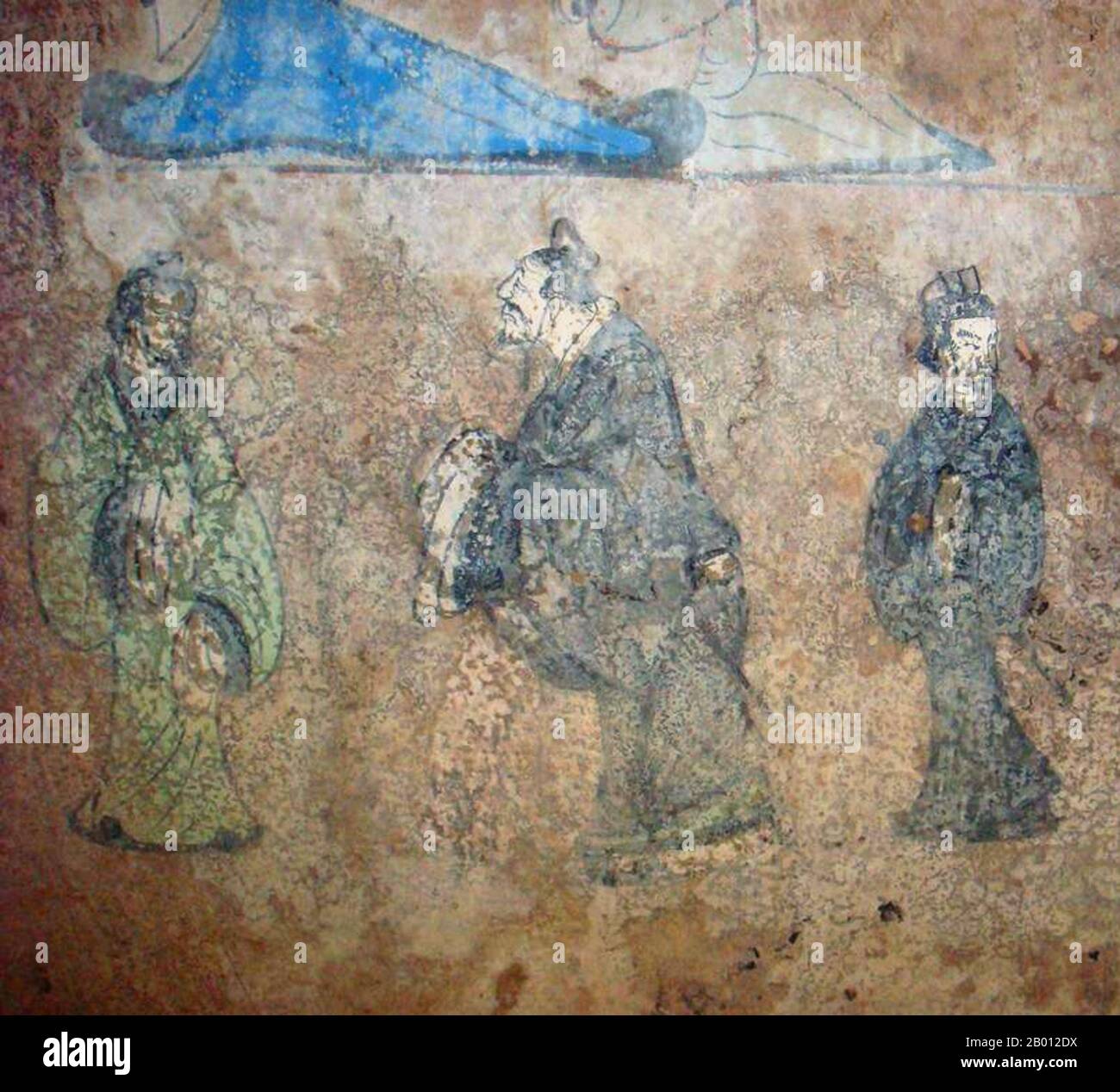 China: Laozi (Lao Tzu, c. 6th century BCE, left), meeting with Confucius (Kong Zi, K'ung-tzu, K'ung-fu-tzu, 551– 479 BCE) in a Han Dynasty (206 BCE– 220 CE) fresco from Dongping County, Shandong Province.  The fresco, painted with blue, green, black and red colours is found on the walls of a tomb at an old residential yard in Dongping county, southwestern Shandong, and is estimated to be about 2,000 years old. Stock Photo