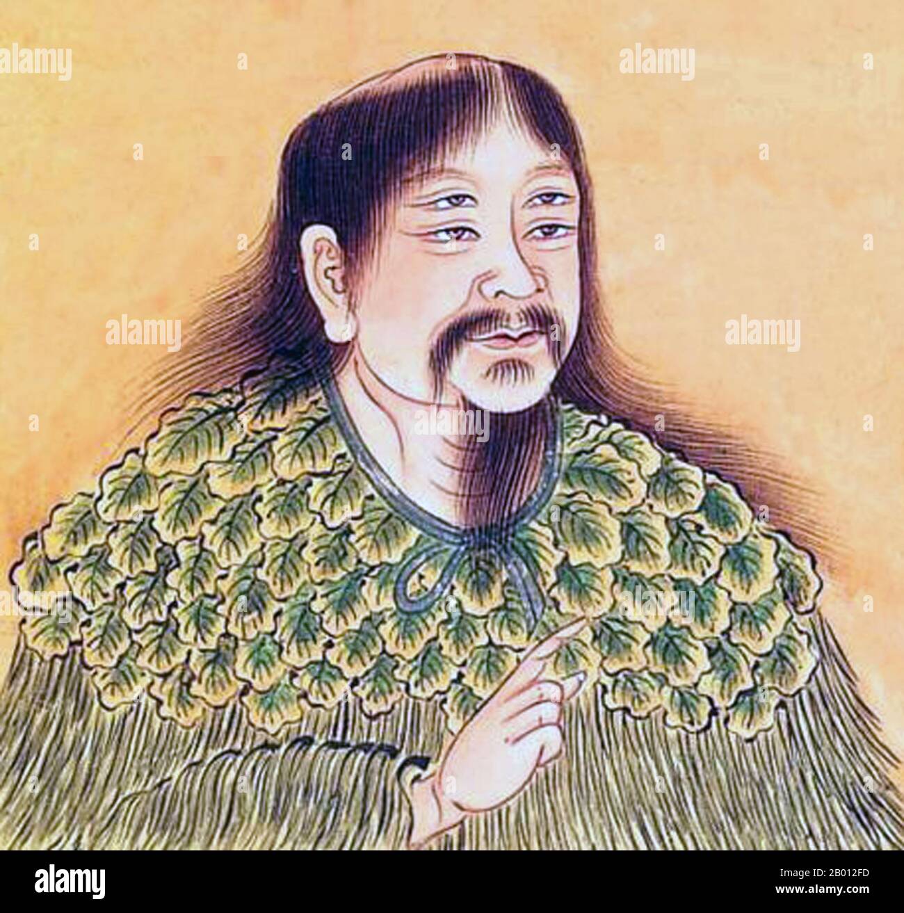 China: Cangjie (Ts'ang-chieh, c. 2650 BC), four-eyed official historian of the Yellow Emperor and the inventor of Chinese characters. Painting, 1685.  Cangjie (Ts'ang-chieh) is a very important figure in ancient China (c. 2650 BC), held to be the official historian of the Yellow Emperor and the inventor of Chinese characters. Legend has it that he had four eyes and four pupils, and that when he invented the characters, the deities and ghosts cried and the sky rained millet. He is considered a legendary figure rather than a historical figure. Stock Photo