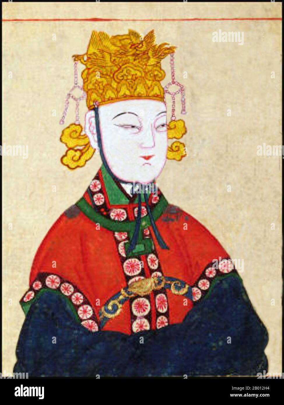 China: Wu Zetian (624-705), Empress Regnant of the Zhou Dynasty (690-705). Gouache on paper.  Wu Zetian (624-705), personal name Wu Zhao, often referred to as Tian Hou during the Tang Dynasty and Empress Consort Wu in later times, was the only woman in the history of China to assume the title of Empress Regnant. As de facto ruler of China first through her husband and her sons from 665 to 690, not unprecedented in Chinese history, she then broke all precedents when she founded her own dynasty in 690, the Zhou (interrupting the Tang Dynasty), and ruled personally. Stock Photo
