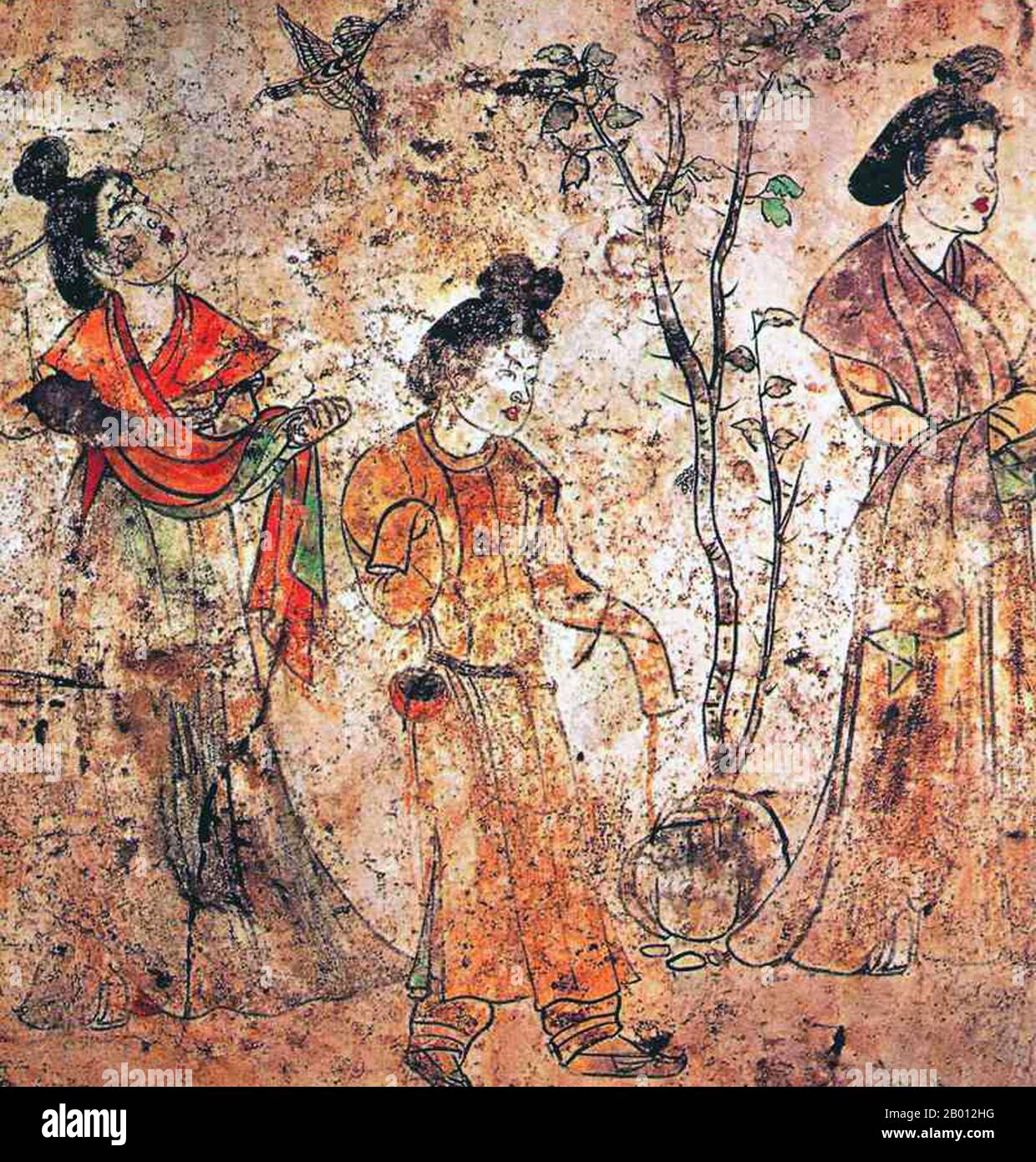 China: Qianling Tombs, Shaanxi; Court ladies walking in the palace gardens while a bird flies by. Tang Dynasty mural from the tomb of Gaozong's 6th son, Li Xian.  The Qianling Mausoleum is a Tang Dynasty (618–907) tomb site located in Qian County, Shaanxi province, China, and is 85 km (53 miles) northwest of Xi'an, the former Tang capital.  Built by 684 (with additional construction until 706), the tombs of the mausoleum complex house the remains of various members of the royal Li family. This includes Emperor Gaozong of Tang (r. 649–683), as well as his wife, Empress Wu Zetian (r. 690-705). Stock Photo