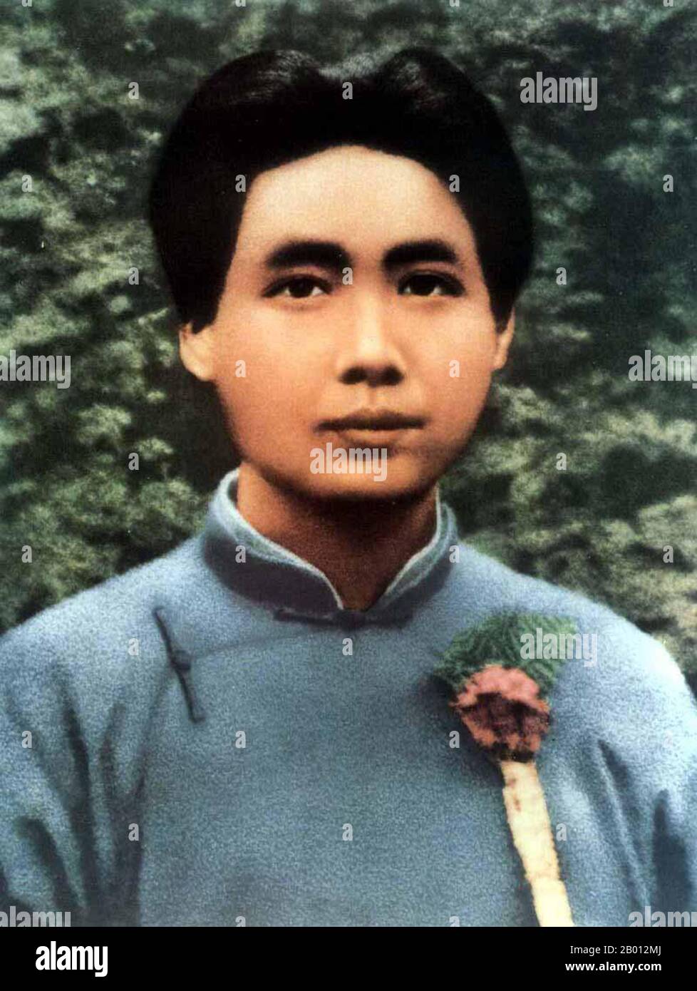 China: Mao Zedong (1893-1976) in Shanghai, 1924.  Mao Zedong, also spelt Mao Tse-tung (26 December 1893  – 9 September 1976), was a Chinese communist revolutionary, guerrilla warfare strategist, author, political theorist, and leader of the Chinese Revolution. Commonly referred to as Chairman Mao, he was the architect of the People's Republic of China (PRC) from its establishment in 1949, and held authoritarian control over the nation until his death in 1976. His theoretical contribution to Marxism-Leninism, along with his military strategies and political policies, are known as Maoism. Stock Photo
