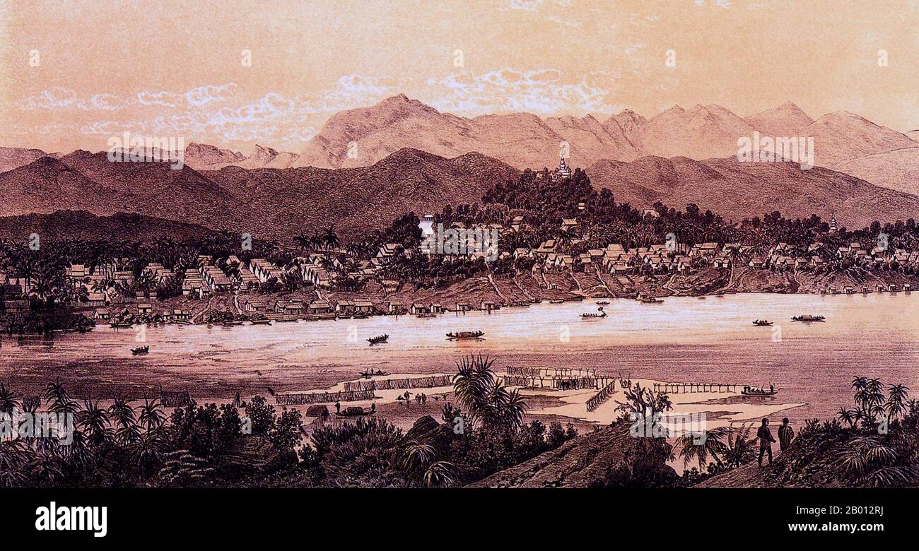 Laos: The city of Luang Prabang. Engraving by Louis Delaporte (1842-1925), 1867.  This drawing by Louis Delaporte is one of dozens he produced during his two-year venture (1866-68) with the Mekong Exploration Commission sponsored by the French Ministry of the Navy, the intention of which was to lay the groundwork for the expansion of French colonies in Indochina. Traveling the Mekong by boat, the small French delegation voyaged from Saigon to Phnom Penh to Luang Prabang, then farther north into the uncharted waters of Upper Laos and China's Yunnan province, before returning to Hanoi in 1868. Stock Photo